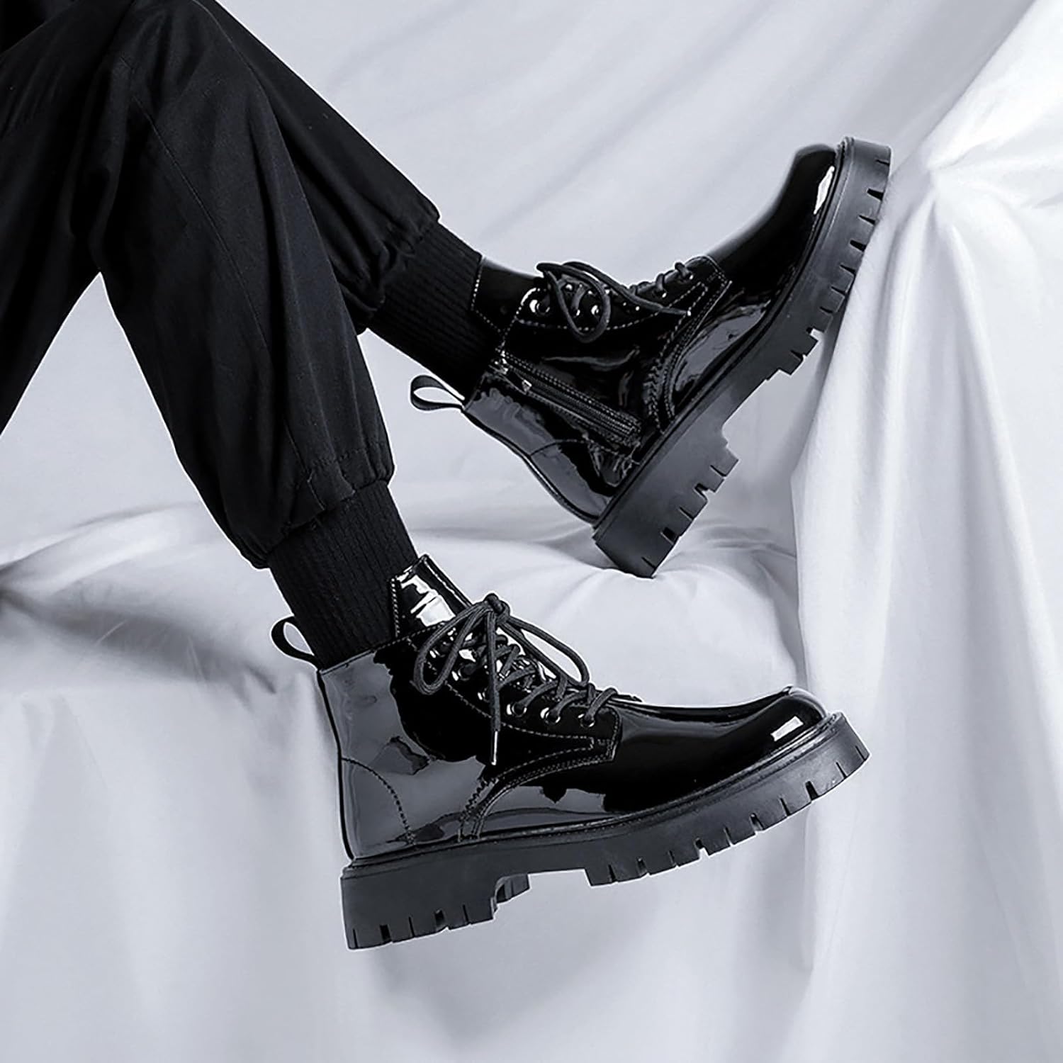 Men's Lace-Up Platform Lugs Sole Ankle Boots,Fashion Patent Leather Side Zip High Top Boots Comfort Outdoor Anti-Slip Four Seasons Booties - Image 7