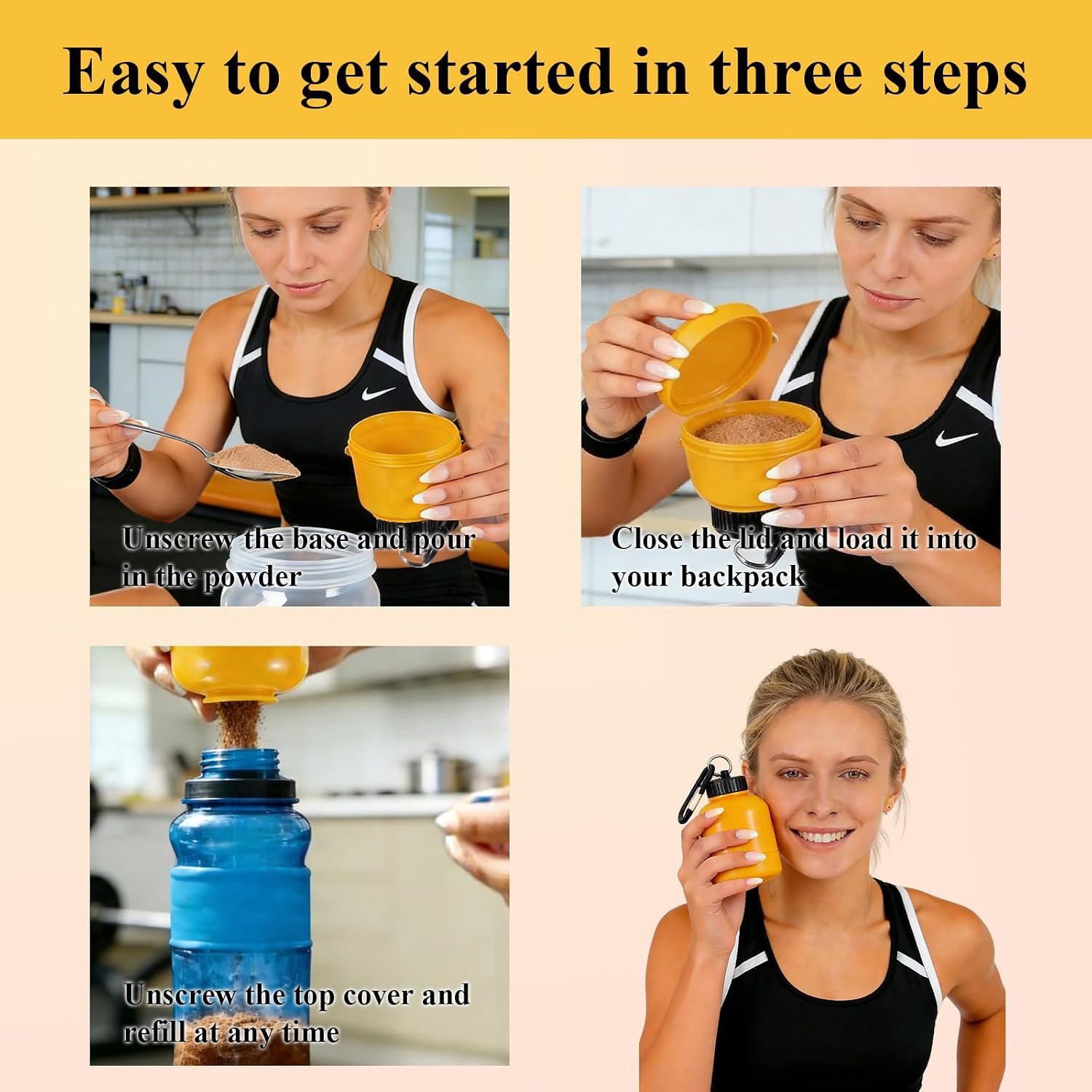 4 Pack Protein Powder Container to Go with Keychain, Large Capacity Leakproof Powder & Snacks Dispenser, BPA Free Supplement Travel Storage Holder for Workouts Fitness, color coded