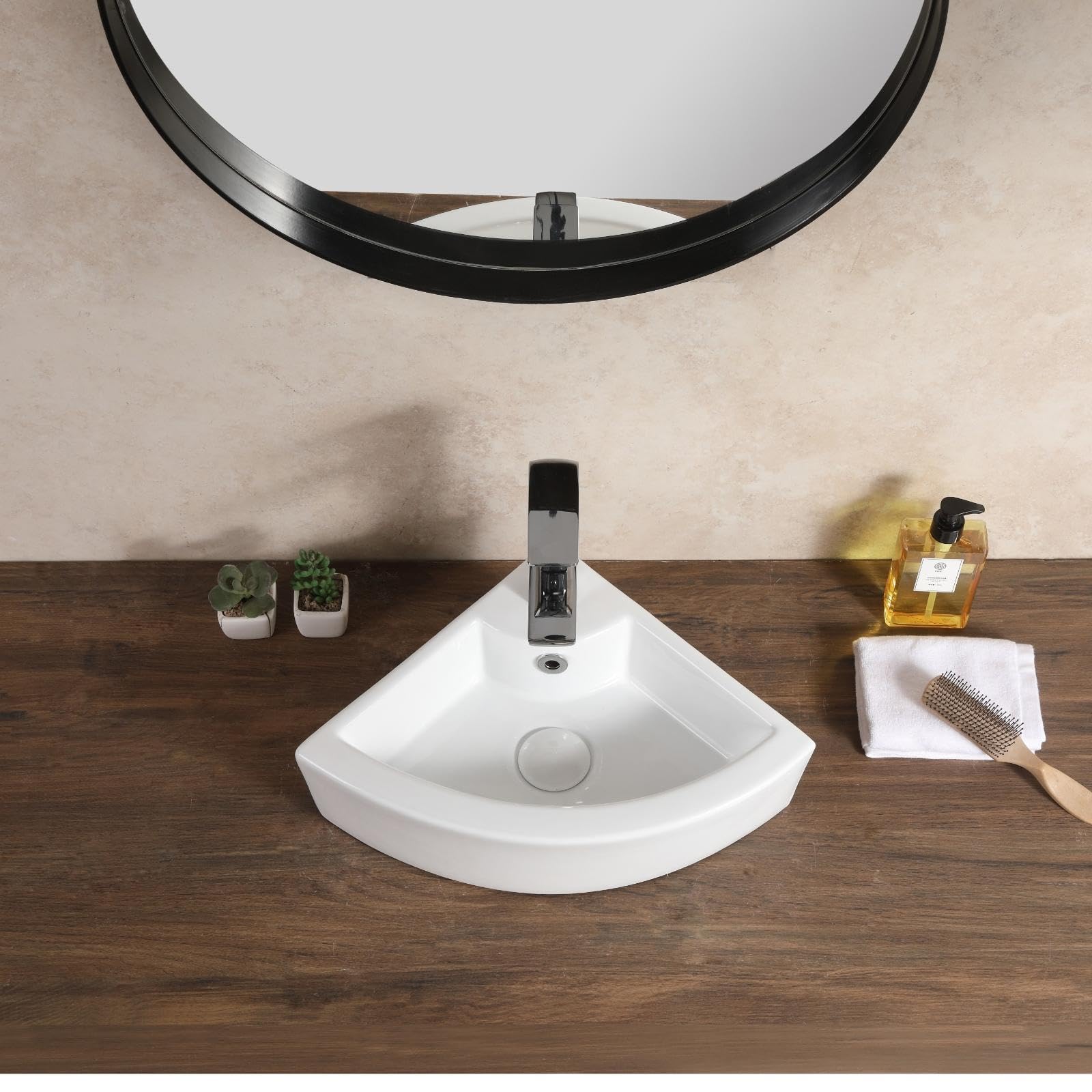 Teal Home Lavabo Esquinero de Cerámica para Baño - Mini Lavabo de Pared para Invitados, 46 x 32 x 12,5 cm, Con Rebosadero