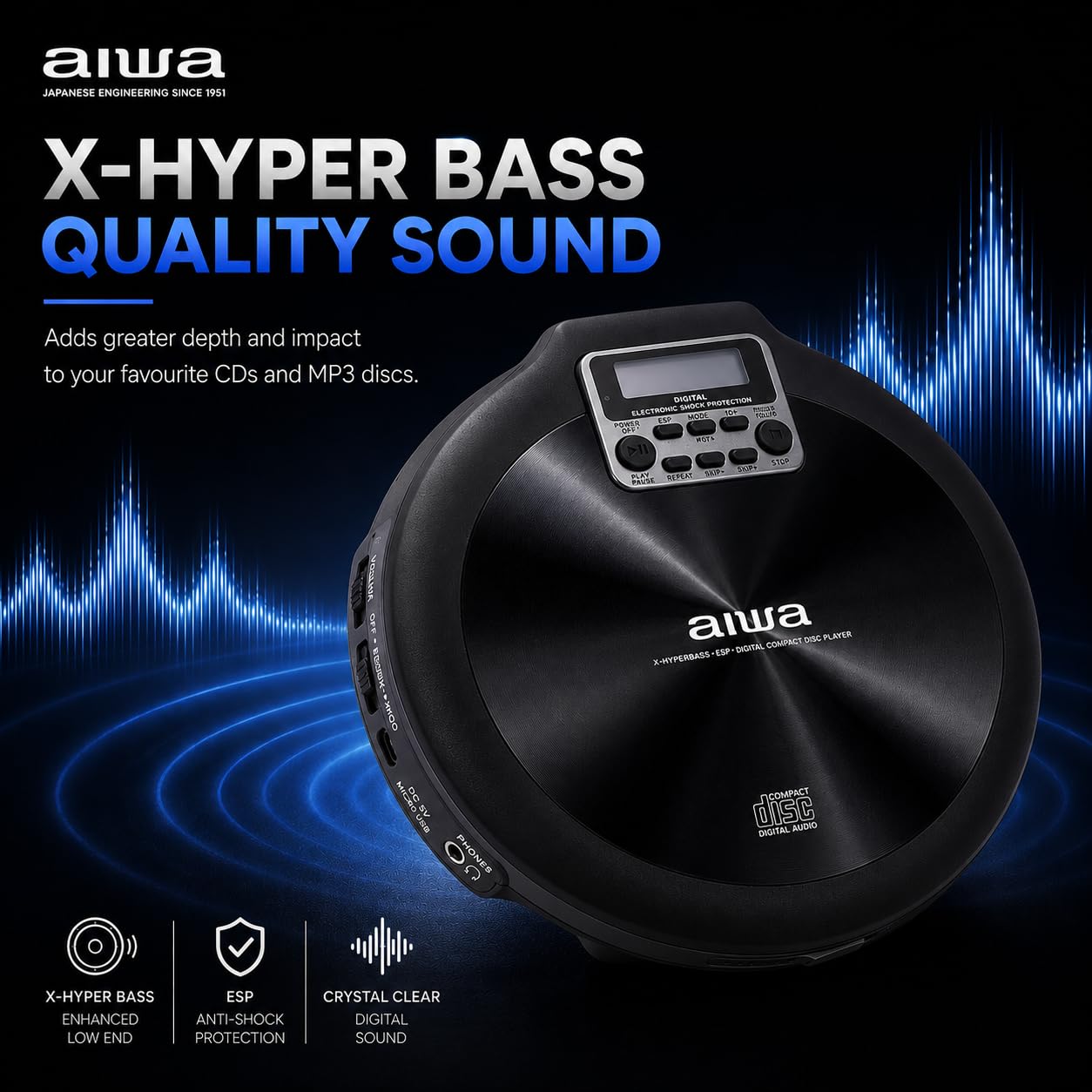 Aiwa Lettore CD Portatile PCP-850 (Nero) MP3 Ricaricabile Hyper Bass | Compatibile con CD, CD-R, CD-RW e file MP3. Batteria ricaricabile con autonomia fino a 8 ore.