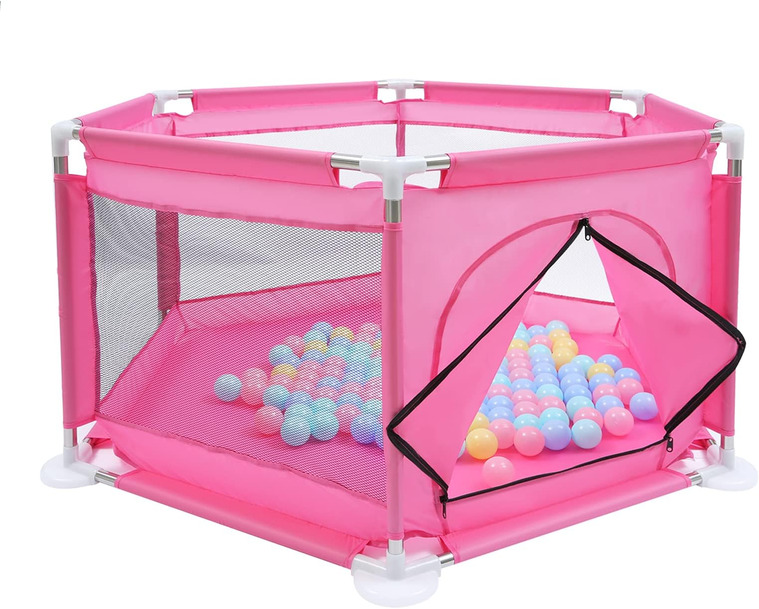Baby Kids Playpen Activity Center Room Fitted Floor - with 50 pcs Balls Safety Protection Care Crawling Folding Fence Toys Portable Indoors Outdoors and Parks Gifts (Pink)