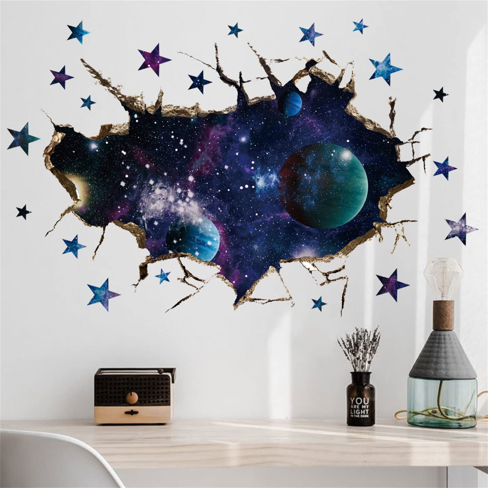 Stickers muraux espace 3D pour décorer le salon et la chambre d'enfant avec effet planète brisée