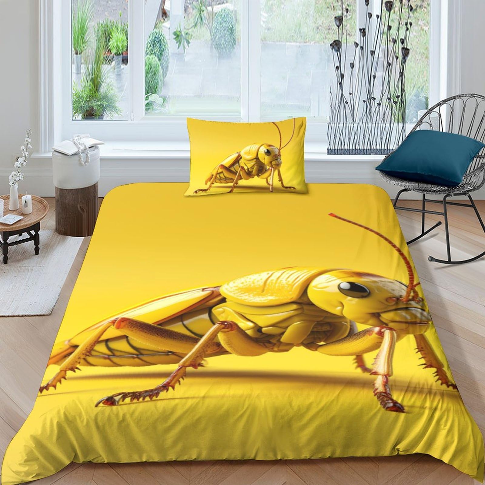 Housse de couette insects in yellow avec fermeture rapide pour simplifier le change du lit