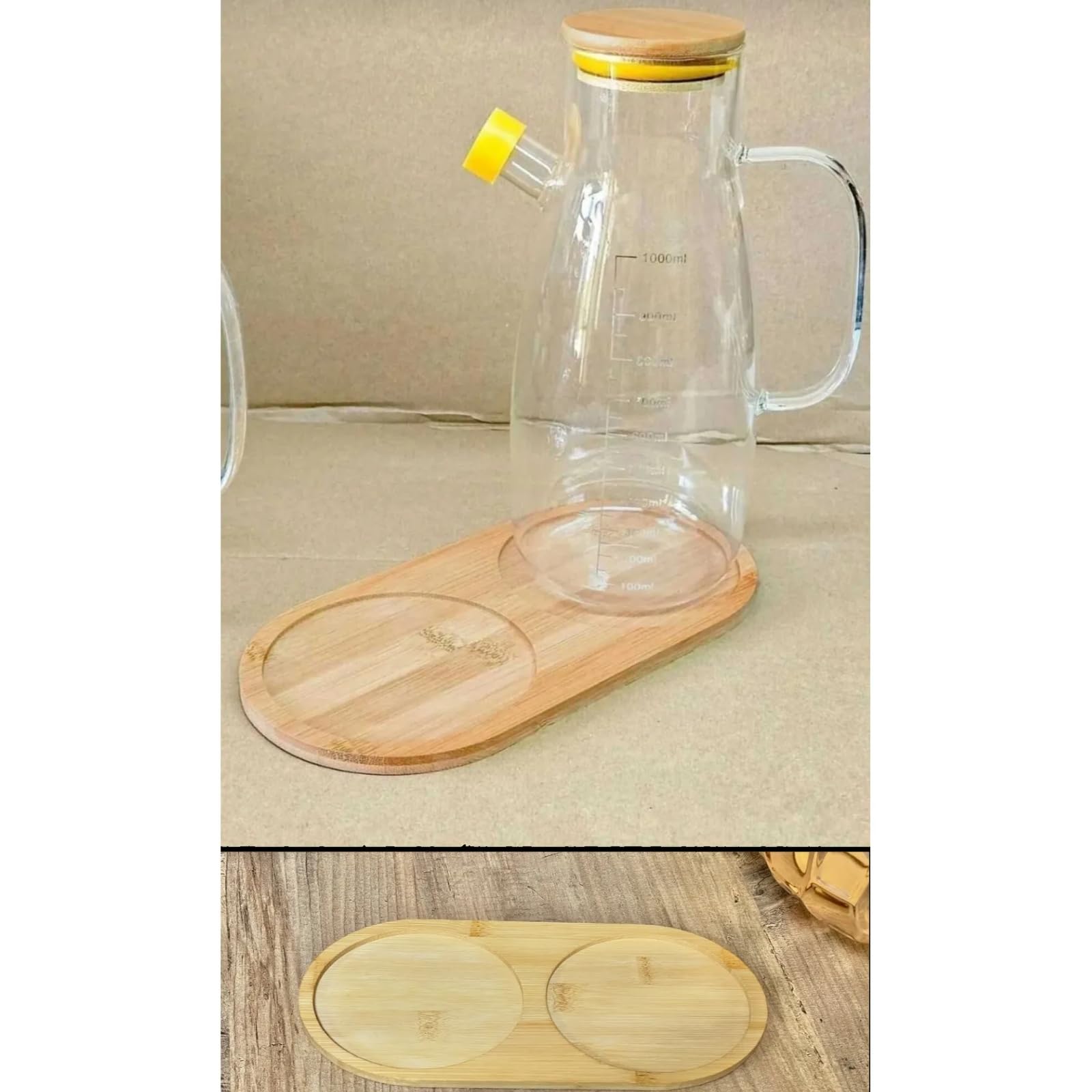 Bambu 2 Bölmeli Oval Yağdanlık ve Sosluk Altlığı - Şık Doğal Ahşap Görünümlü Stand, Mutfak Tezgahı İçin Düzenleyici ve Çok Amaçlı Kullanım