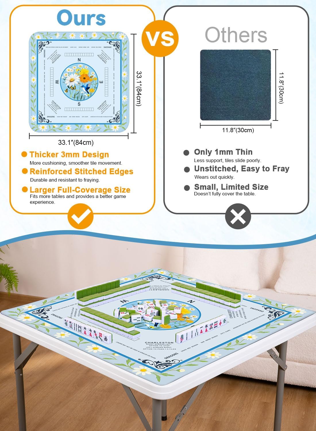 Large Mahjong Mat 33.1"×33.1", American Mah Jongg Mat with Rules, Quiet Non-Slip No-Crease Mahjong Table Cover, Floral Gaming Mat for Mahjong, Poker, Dominoes & Board Games (Light Blue)