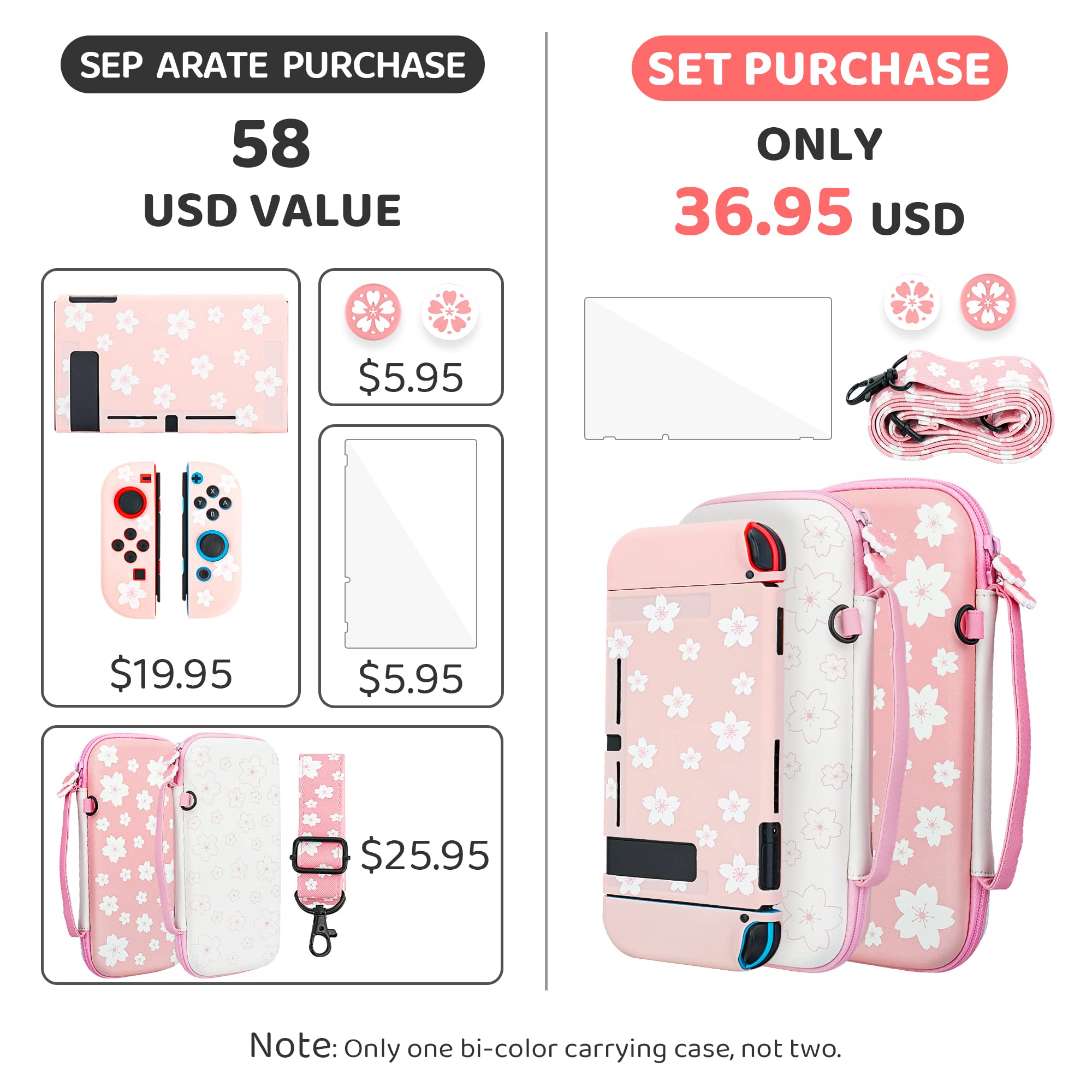 FANPL Simpatica custodia da trasporto per Nintendo Switch, kit di accessori per interruttore rosa con custodia da viaggio rigida, custodia morbida in TPU, cinturino regolabile, pellicola proteggi