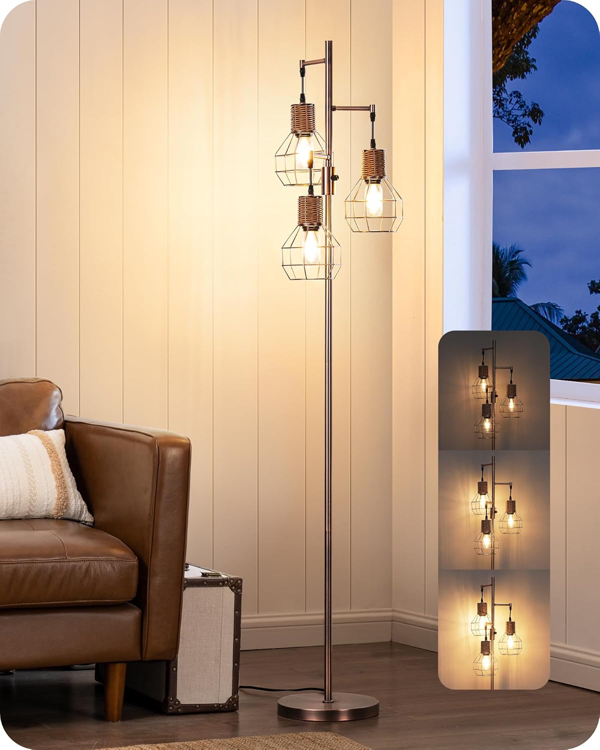 EDISHINE Dimmable Rustic Floor Lamp, Farmhouse Standing Lamp with 3 LED Edison Bulbs, Rattan Design Floor Lamps for Living Room, Bedroom, Reading Corner, Office, Brown