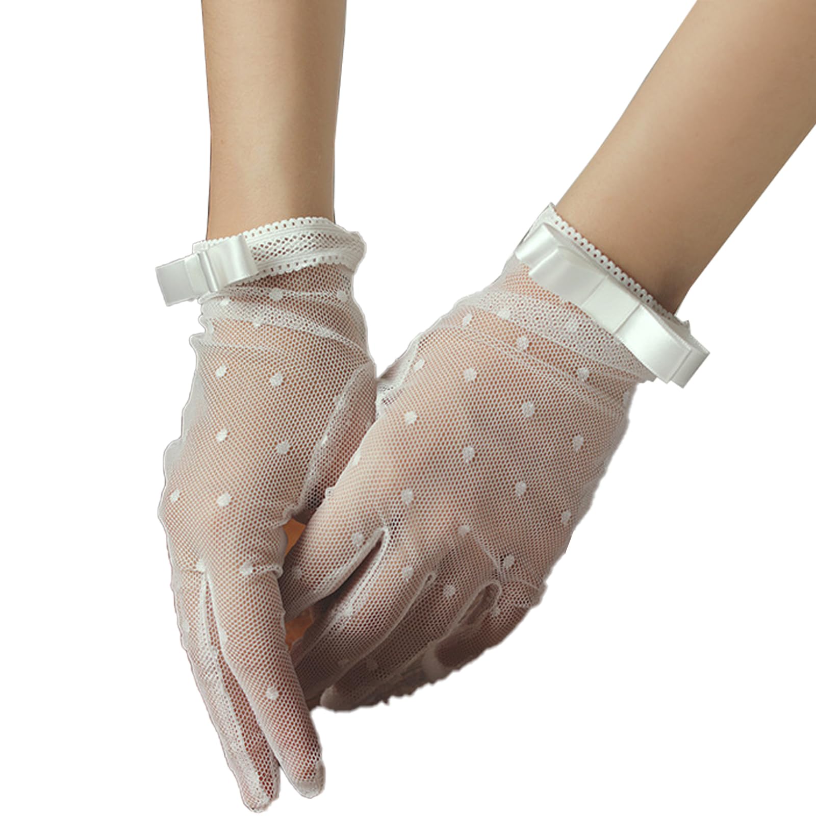 Amazleer Gothic Black Lace Gloves, Sheer Mesh Short Opera Gloves with Bow, Y2k Lolita Costume Accessories (White)