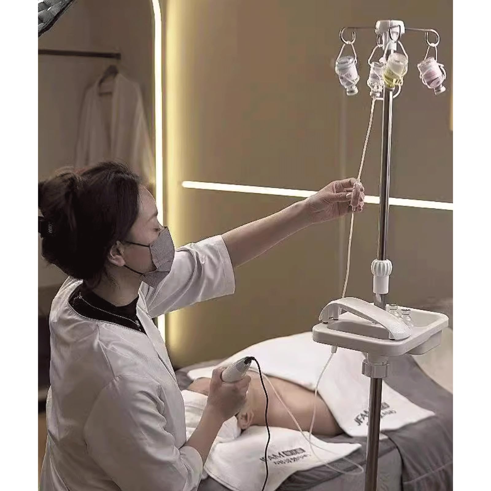 UPJAKS Asta portaflebo con 5 Ruote Supporto per infusione Medica con Vassoio/bracciolo Supporto per flebo in Acciaio Inossidabile Supporto per Sacca portaflebo Regolabile in Altezza