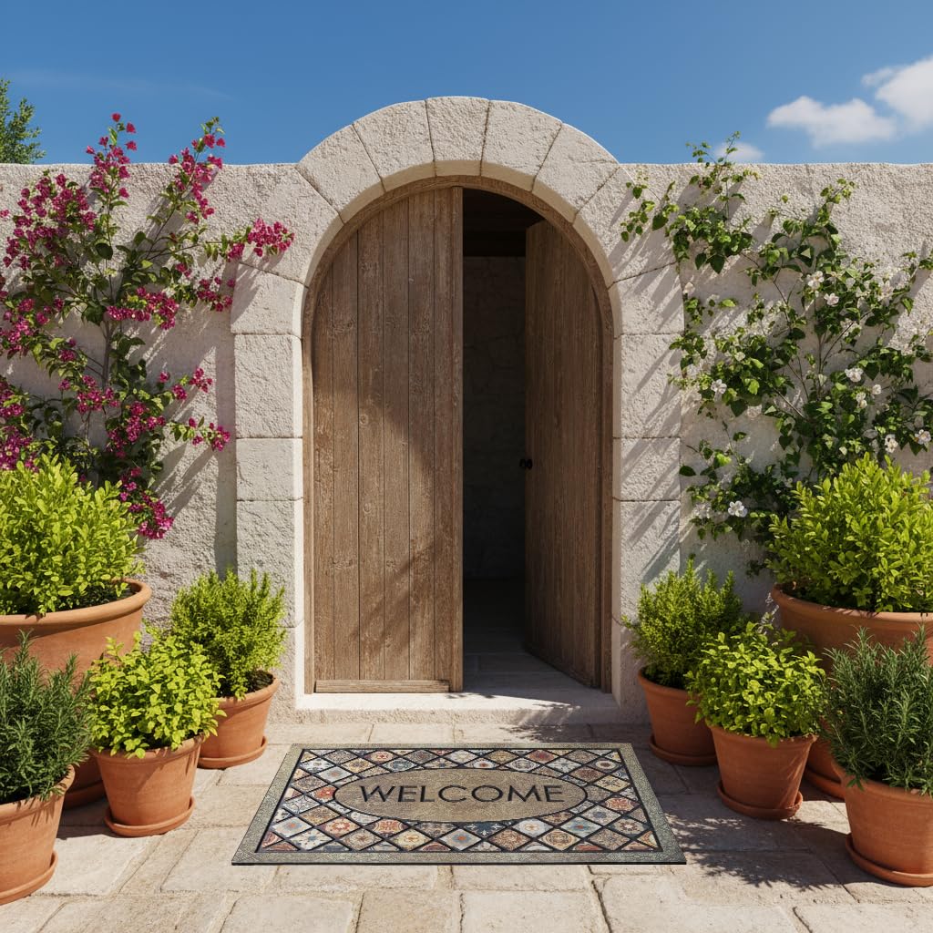 Durable Welcome Door Mats 24”x36” Large Front Door Mat Heavy Duty Outdoor Mat for Home Entrance Non-Slip Rubber Outside Door Mat Entryway Floor Mats，Flower