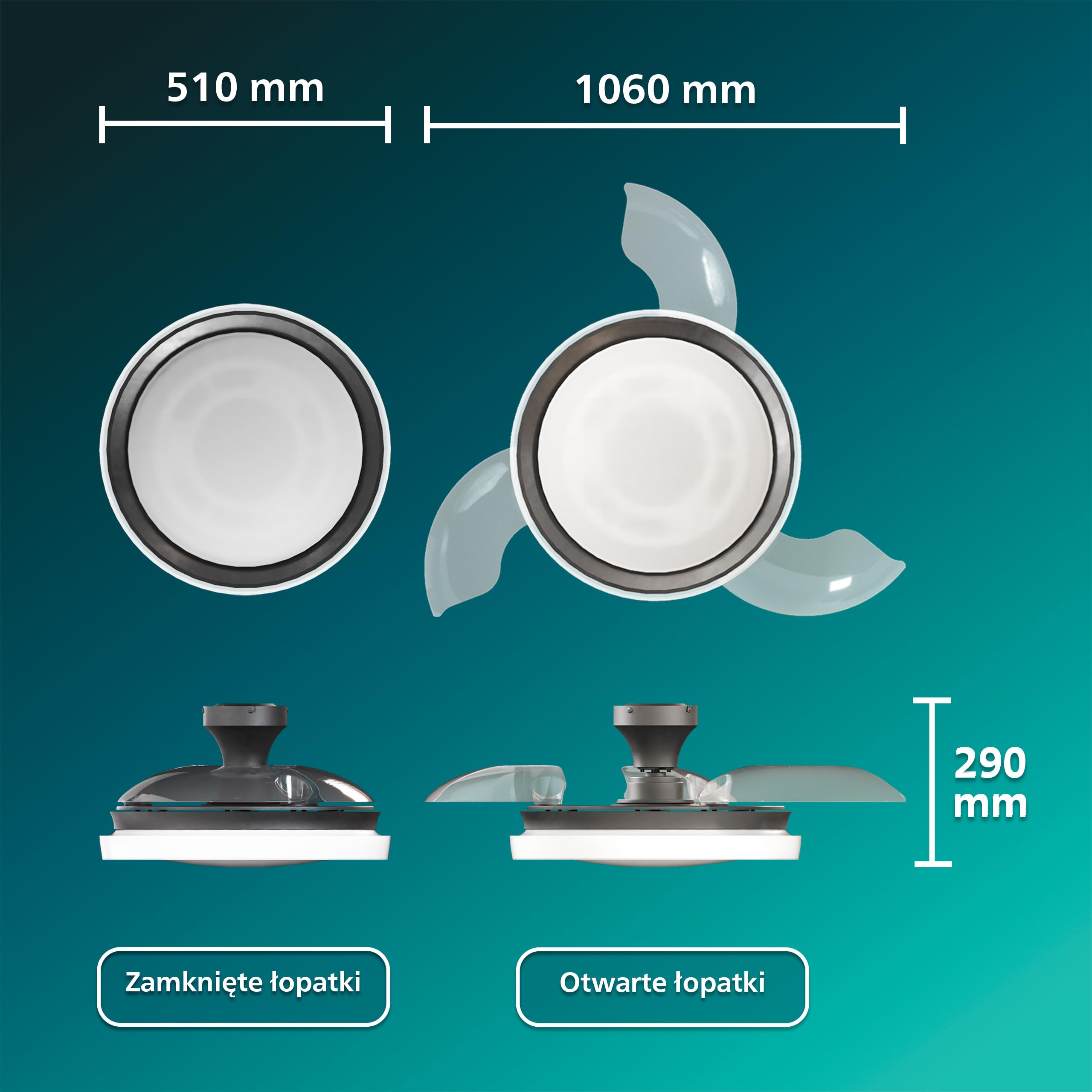 Chowany Wentylator Sufitowy Philips Bliss z Oświetleniem LED, 3 Łopatki, 106 cm, 4500 Lumenów, Regulowana Barwa 3000–6500 K, Przyciemnianie do 5%, Pilot, Czarny