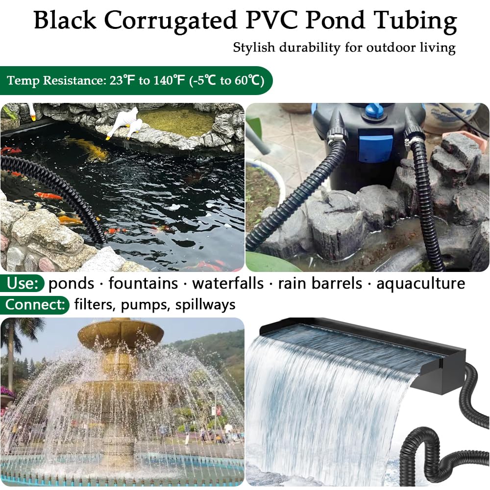 DAVCO Tubo per laghetto e tubo per acquario antipiega di 1-1/4 di diametro, diametro interno 1-1/4 pollici, 20 piedi, nero, ondulato