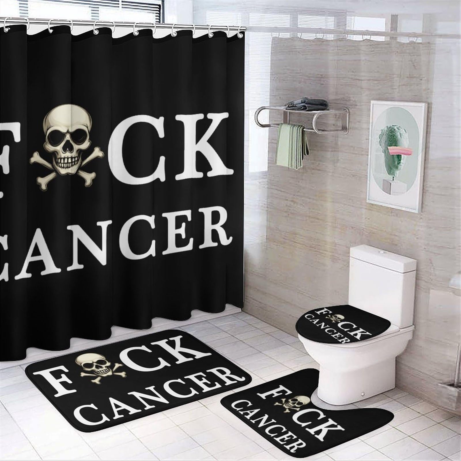 CGSBNGHA Fuck Cancer Skull And Crossbones Shower Curtain Set 4 Piece Bathroom Sets with Rugs Toilet Lid Cover And U-Shaped Floor Mat