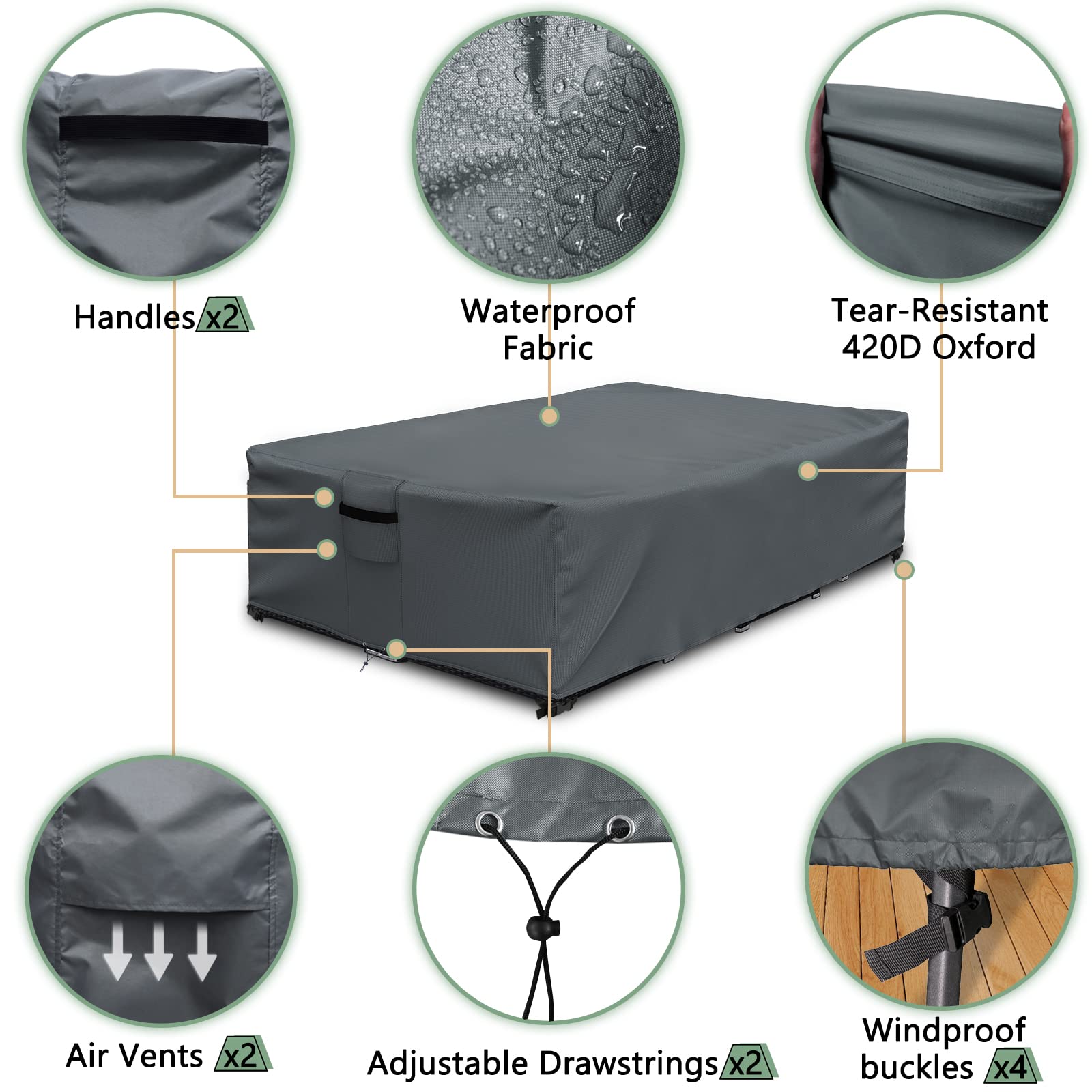 Outdoor Furniture cover Waterproof, Outdoor Sectional Cover, Rectangular Patio Covers for Outdoor Furniture Set, 110" L x 84" W x 29" H -Black view 5