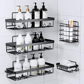 Shower Caddy, Bathroom Shower Organizers, Black Shower Shelves for Inside Shower with Soap Caddy & Toothbrush Holder, Stainless Steel Wall Rack Baskets Adhesives Mounted(5 PCS)