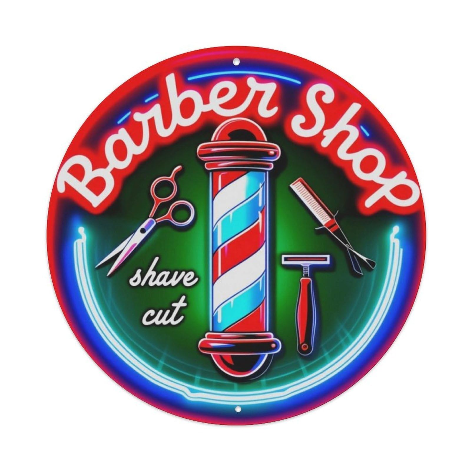 Neon Barber Shop Round Decor Sign Vintage Aluminium Metal Sign, Retro Wall Decor for Home, Bar, Garage & Farmhouse 20x20cm