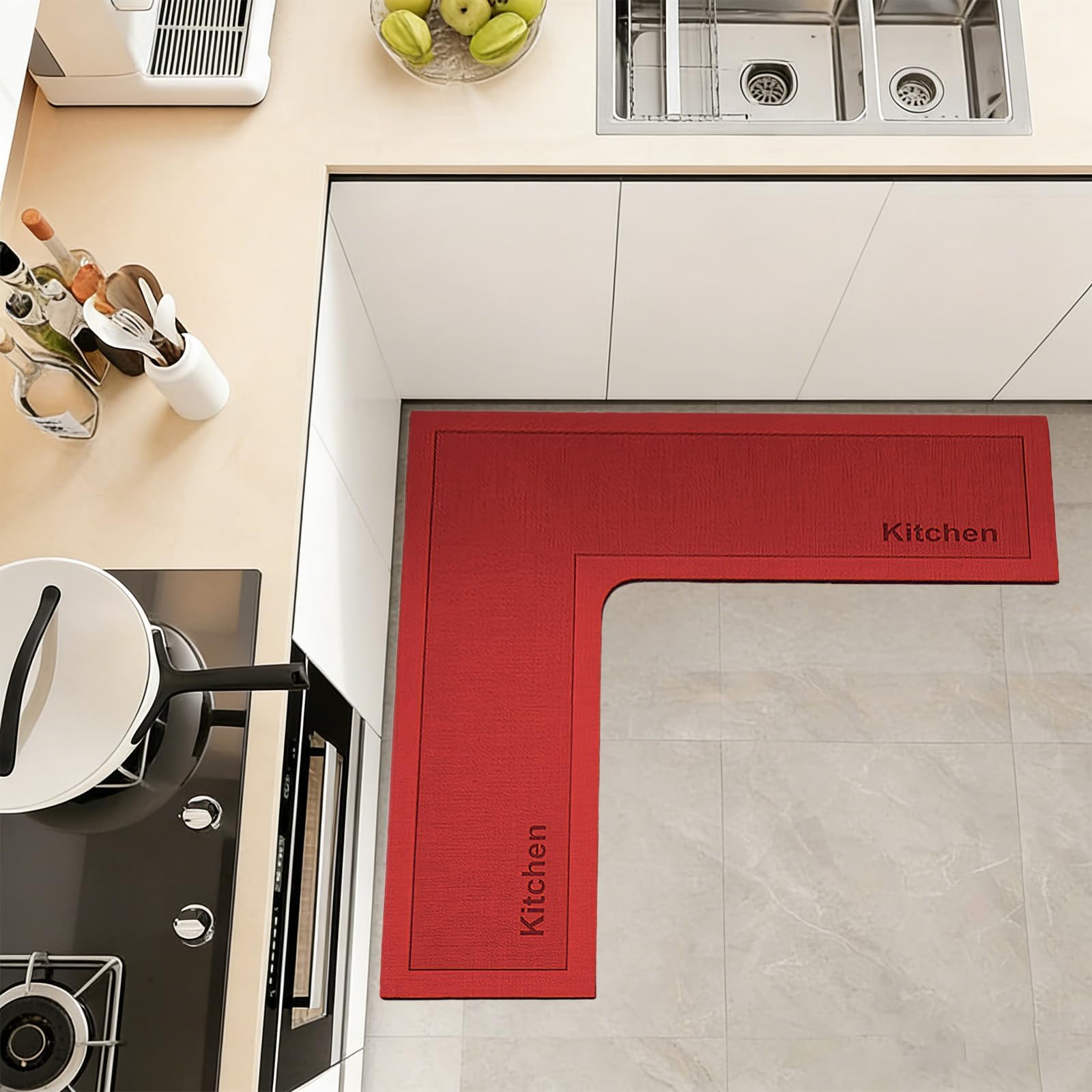 Kitchen Rug, Non Slip Washable,L Shaped Corner Sink Kitchen Mat, Anti-Fatigue Standing Mat, Absorbent Easy to Clean Floor Mats for in Front of Sink, Laundry Room, Hallway(120x75x45cm) (Red)