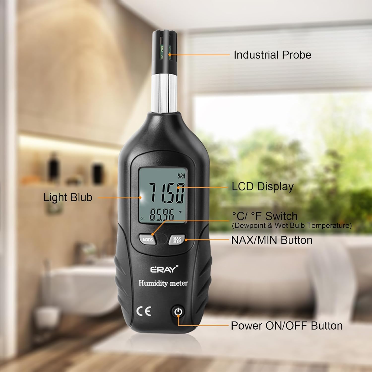 ERAY Digital Psychrometer Thermometer Hygrometer with Backlight, Temperature and Humidity Reader Meter Thermo-Hygrometer with Dew Point and Wet Bulb Temperature, 9V Battery Included(Black)