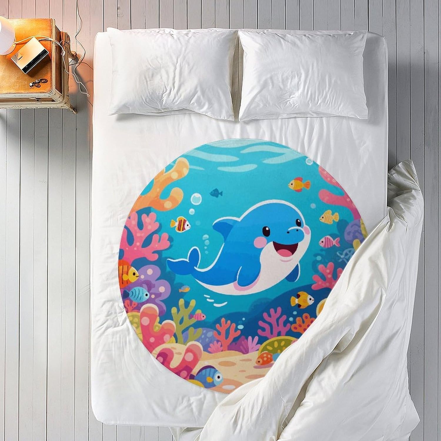 Blue Dolphin Throw Blanket Round Beach Towel | 59.1 Inch Circular Flannel blanket Large Soft Beach Blanket Lightweight Foldable Beach Towel Throw for Daily Leisure Use