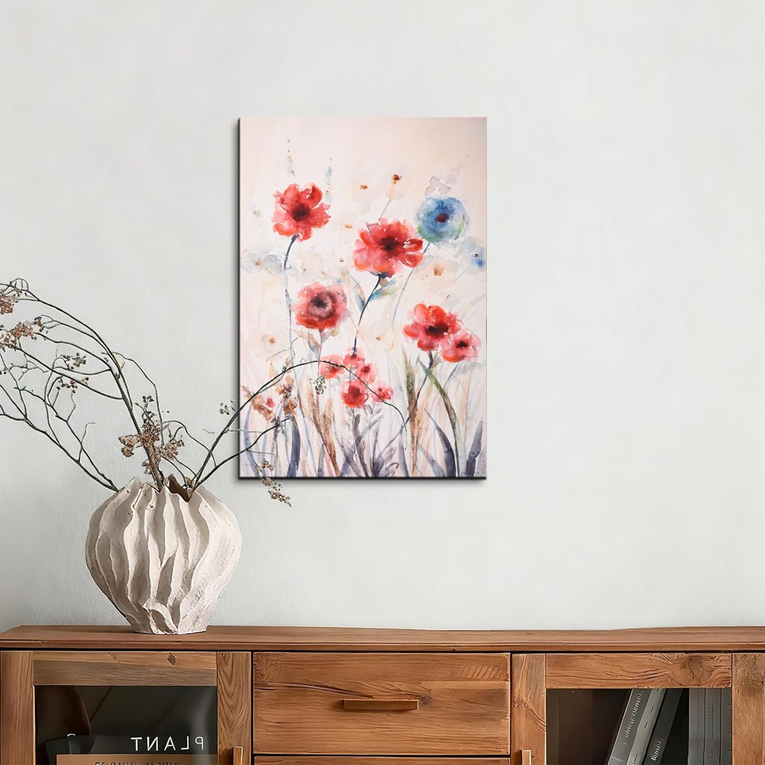 Poemwish Expressive Flower Wall Art, Vintage Wall Art with Loose Brushstrokes, Floral Decor in Red Pink and Blue, Artistic Bloom Painting on Cream Background