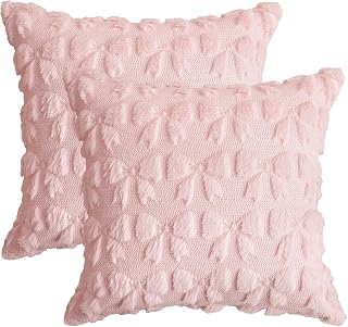 Artoid Mode pink bow bow soft plush faux fur valentines day pillowcase set of 2, 45x45cm Decorative Throw Pillow Cover Sofa Living Room Decor