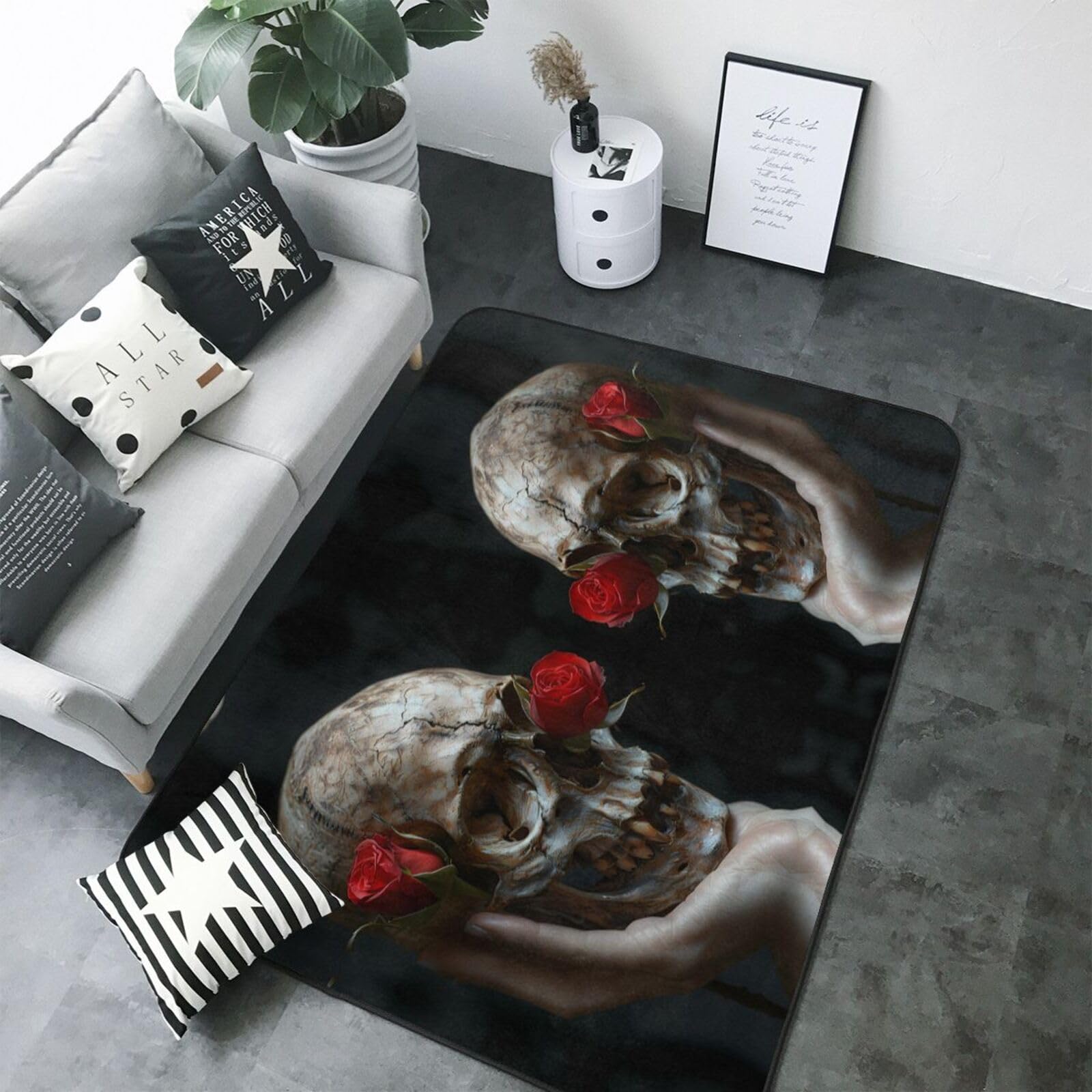 Tapis lavable doux motif tête de mort rose grand format pour chambre