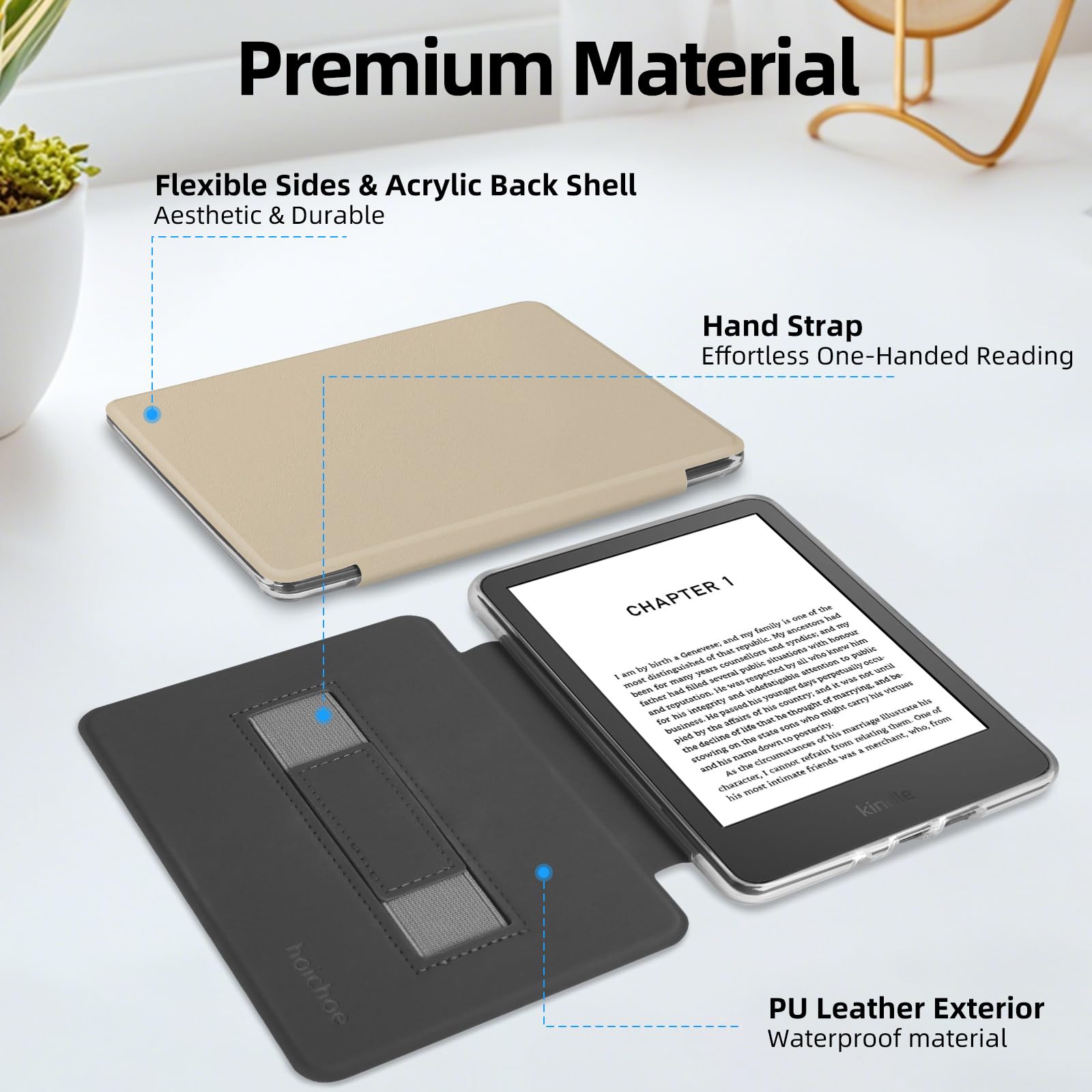 Schutzhülle mit Handschlaufe für Kindle Paperwhite (10. Generation 2018, Modell Nr. PQ94WIF), PU-Lederhülle und transparente harte Rückseite, automatische Sleep/Wake-Funktion, Haferkaffee