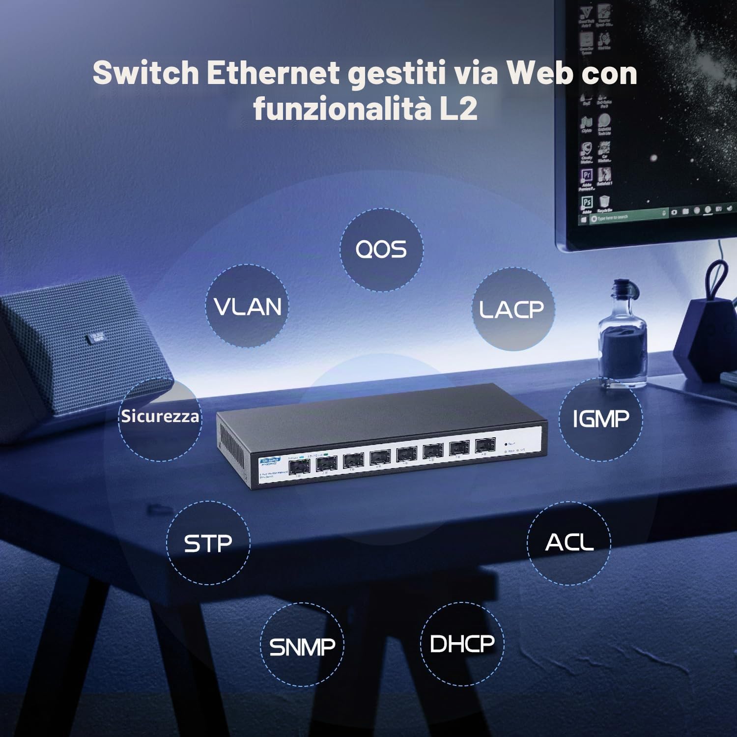 YuLinca Switch gestito a 8 porte 10Gbps SFP+, supporta moduli SFP 1G/2.5G/10G, larghezza di banda 160Gbps, desktop|Wallmount metallo Managed Fiber Switch