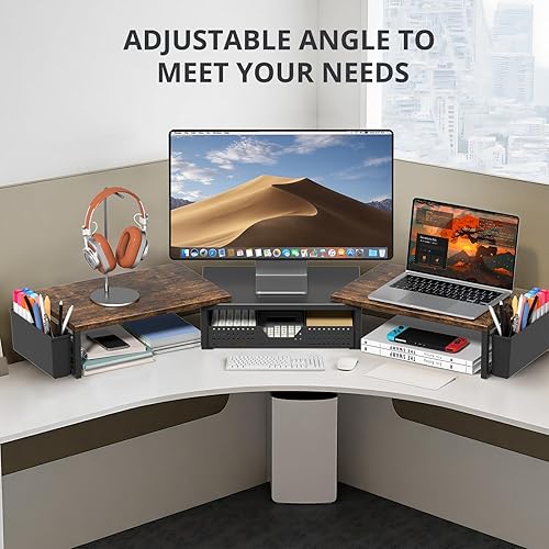 Miniatura 5 de OPNICE Organizadores y accesorios de escritorio de madera, soporte elevador de monitor doble con cajón y 2 soportes para bolígrafos, estante de