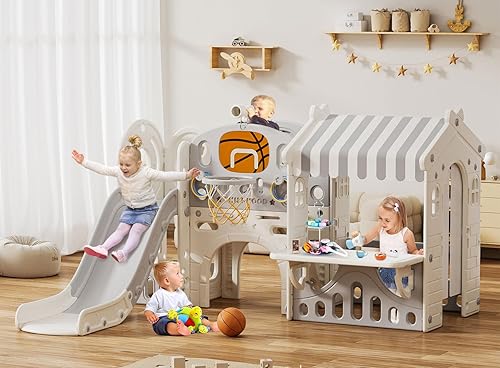 Tobogán 10 en 1 para niños pequeños con aro de baloncesto, tobogán al aire libre para niños pequeños de 1 a 3 años con casa de juegos para niños,