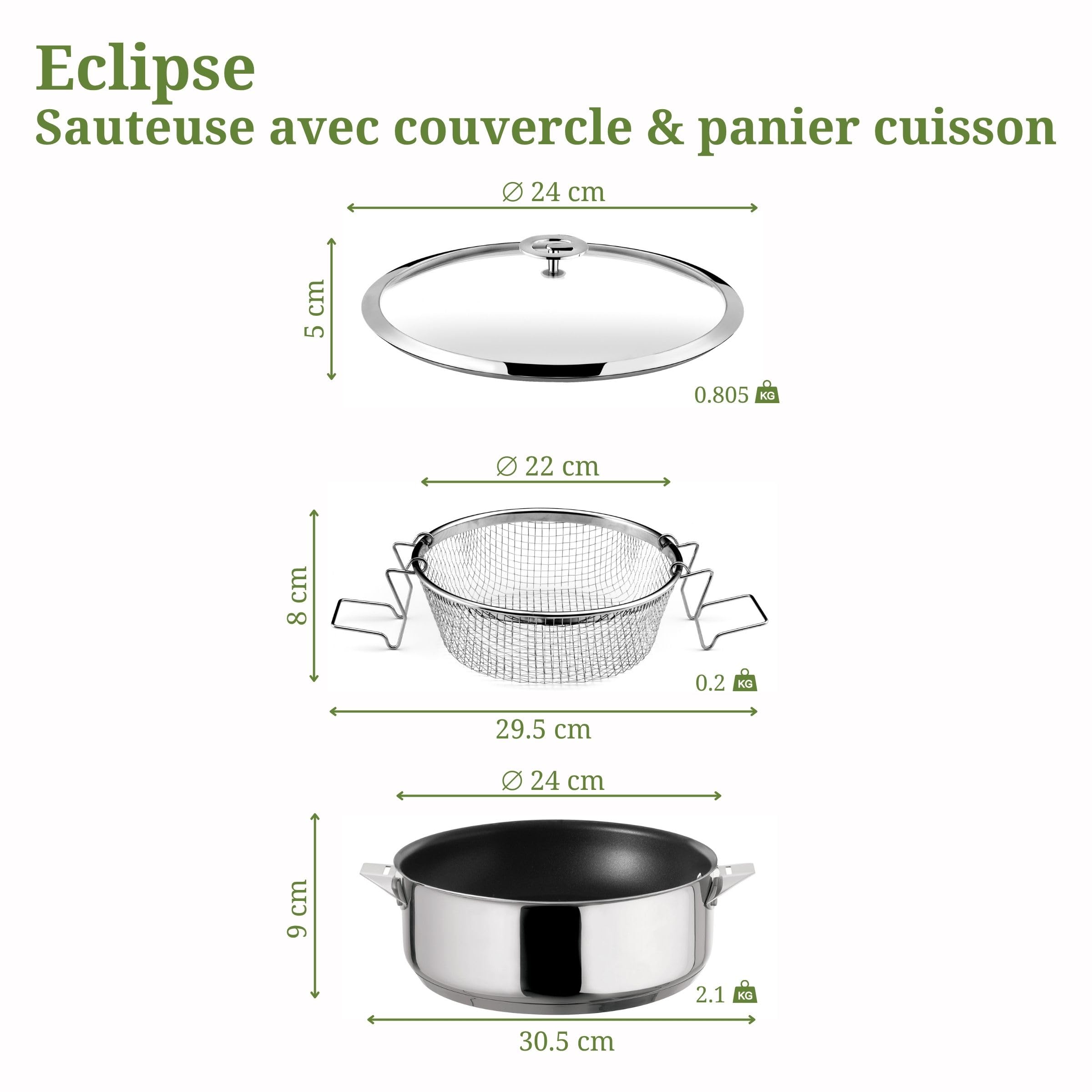 Cuisinox - Eclipse - Sauteuse 24 cm avec revêtement en céramique, couvercle et panier de cuisson - Fond encapsulé - Compatible tous feux - Acier inoxydable 18/1 - Finition miroir
