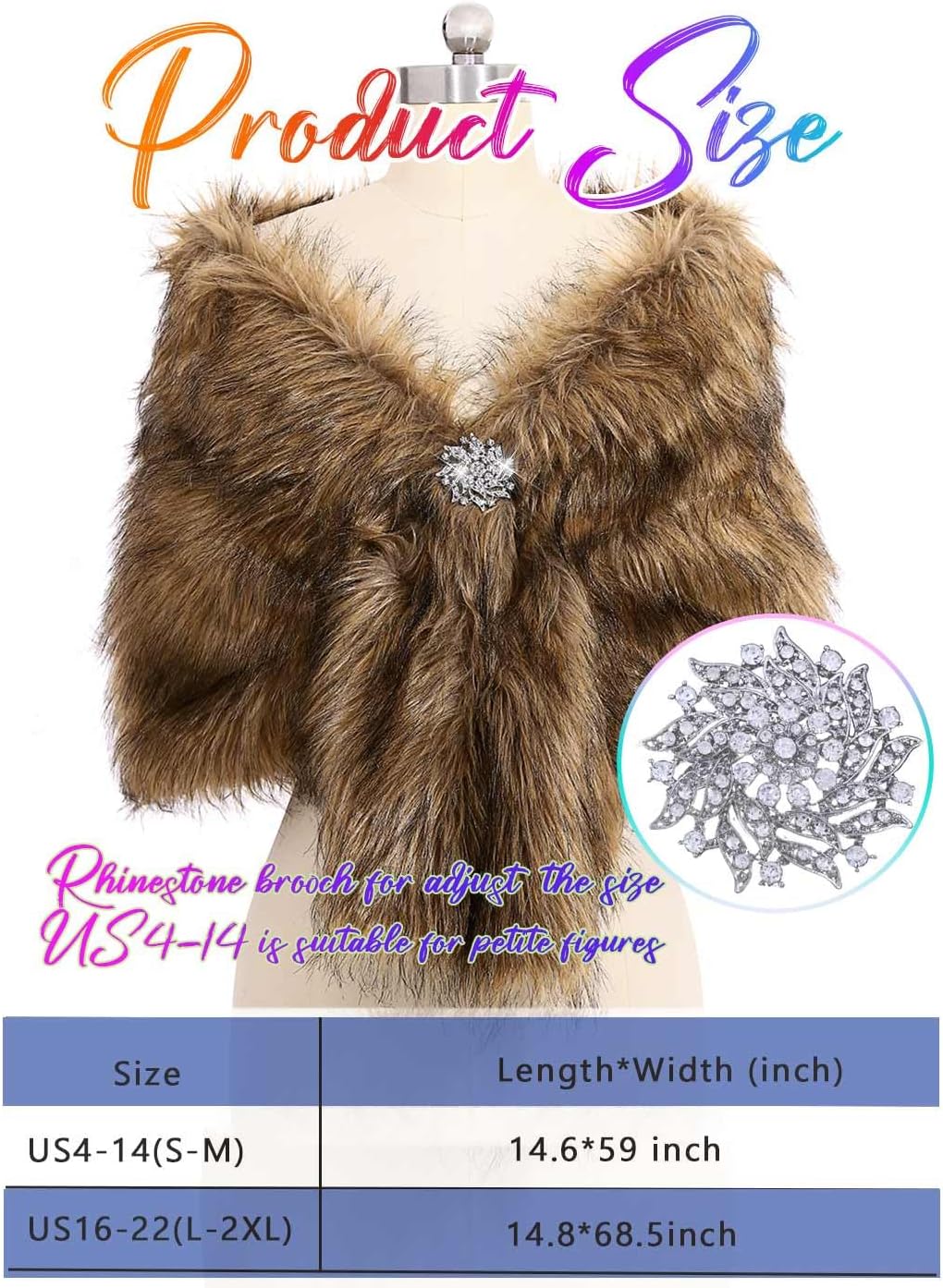 Aukmla Women's Wedding Fur Wraps and Shawls Bridal Fur Stoles Scarf with Rhinestones Brooch for Bride and Bridesmaids - Image 3