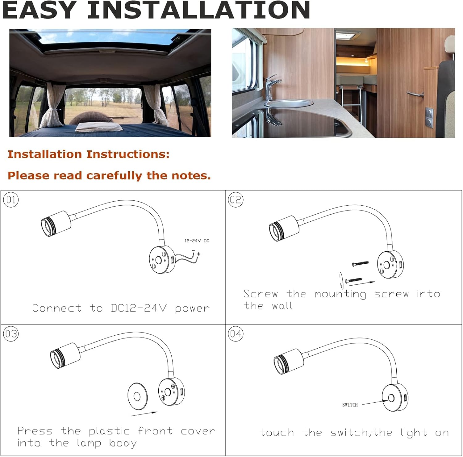 RV Reading Lights, DC12-24V LED Bedside Lamp with USB Port,Touch Switch Flexible Gooseneck Light for Boat Camper Van Travel Trailer Truck Cars(Head with Acrylic Ring)