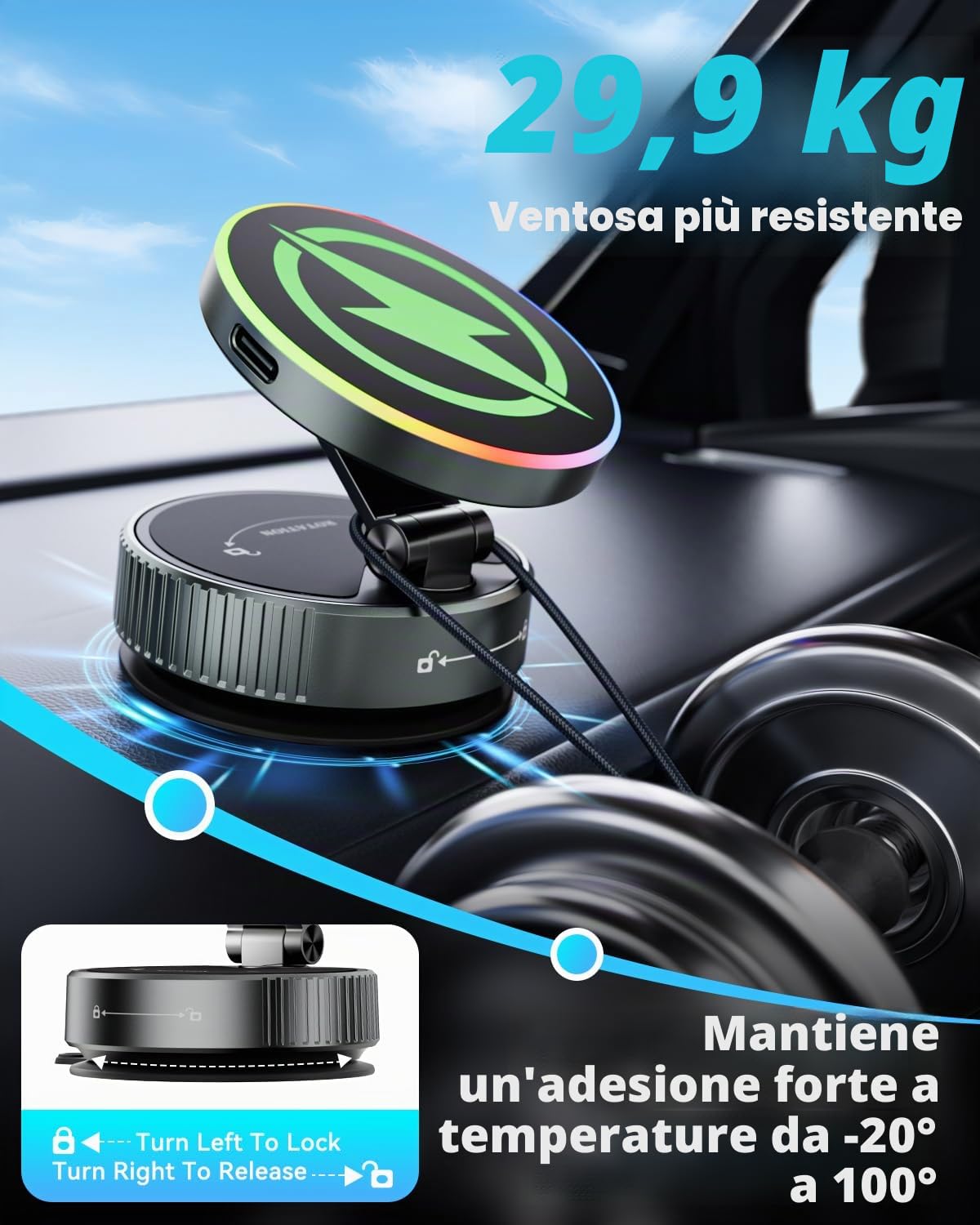 CloudValley per MagSafe Supporto Caricatore per Auto, Ricarica Wireless Rapida 15W e Ventosa a Vuoto Rotante 360°, Supporto Magnetico con Luce RGB per iPhone 17-12/Cruscotto/Parabrezza/schermo