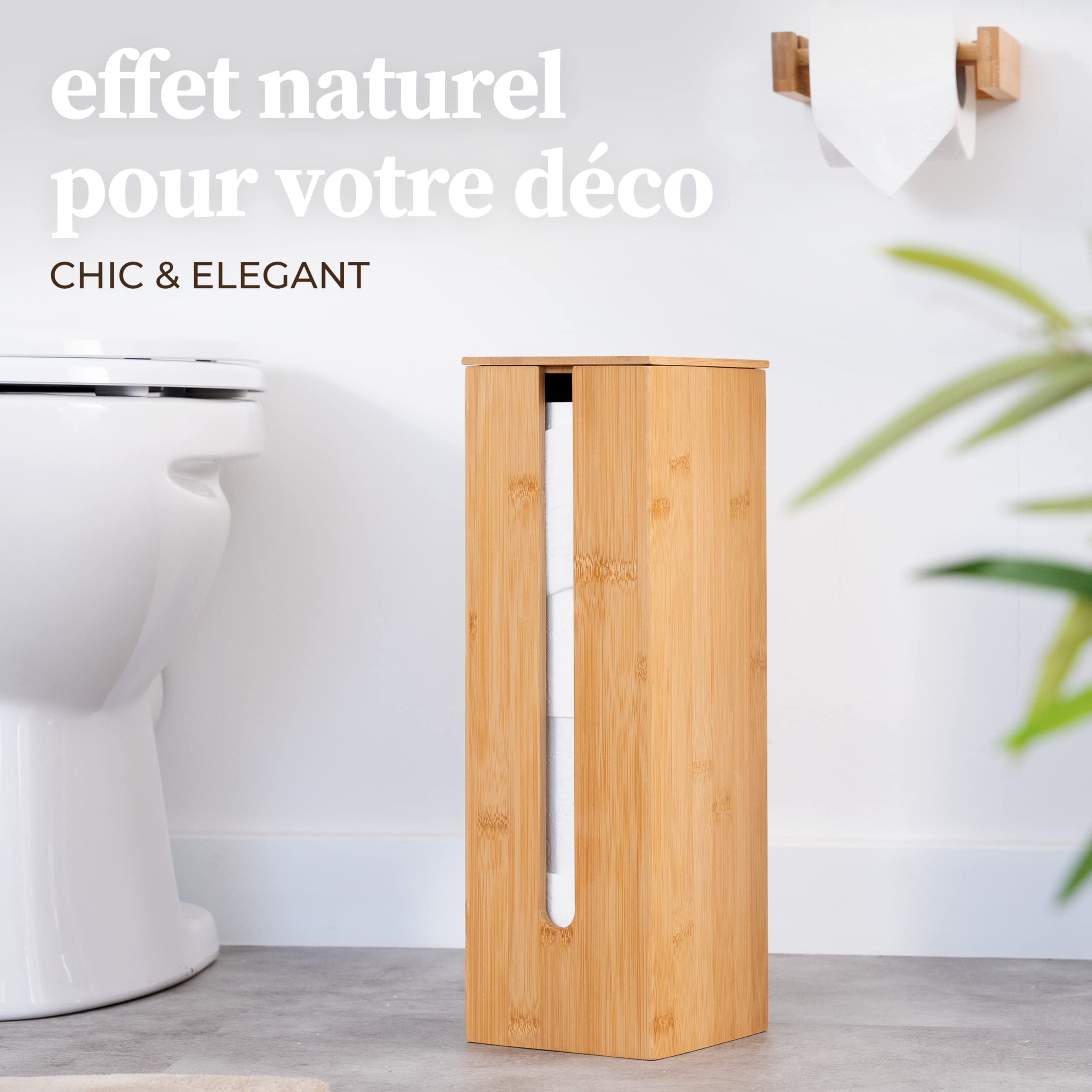 Rangement Papier Toilette en Bambou - Distributeur sur Pied avec Couvercle - Support de Stockage pour Rouleaux