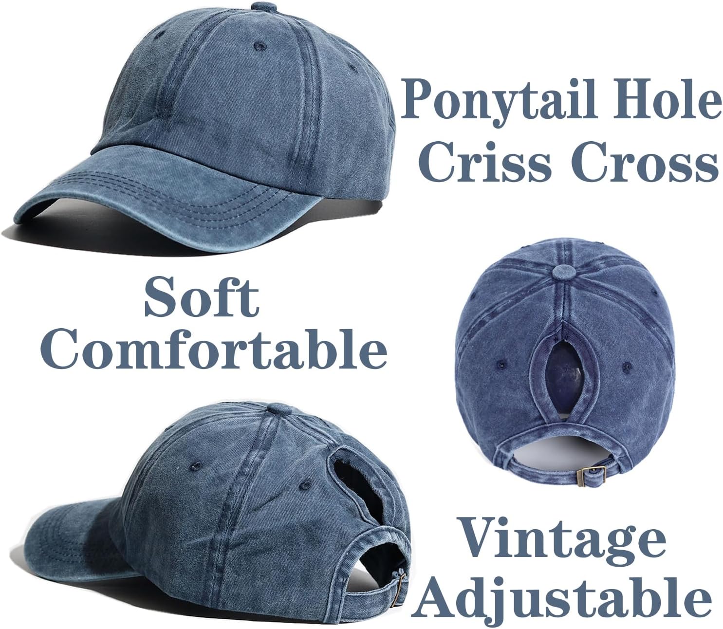 2 Packs Criss Cross Hat Womens Baseball Cap Distressed Ponytail Messy Bun Trucker Ponycap - Image 3
