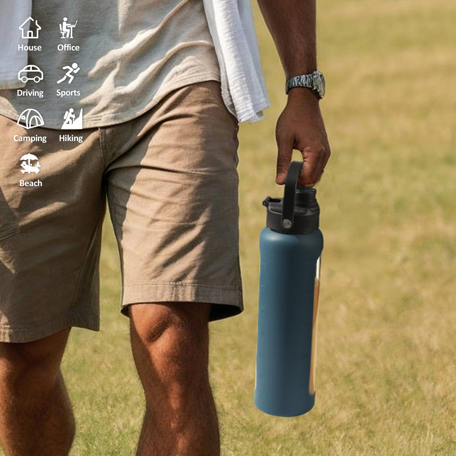 Kodrine Glas-Trinkflasche mit Strohhalm, Glas-Trinkflasche mit 2 Deckeln, Bambus- und Auslaufdeckel, auslaufsicher, für den täglichen Gebrauch, mit Zeitmarkierung für Zuhause, Outdoor-Sport, BPA-frei