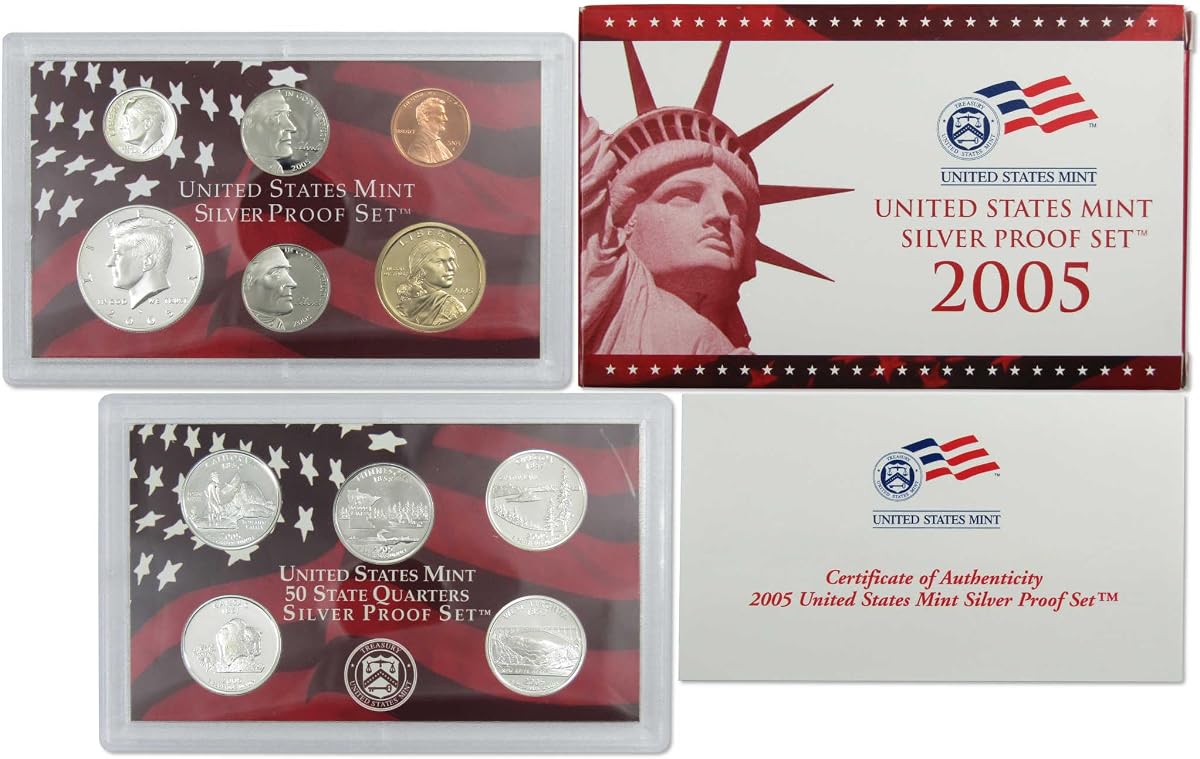2005 Juego de prueba de plata U.S. Mint Embalaje gubernamental original OGP COA | Juego de 11 monedas coleccionables: Juego de prueba de plata de la Casa de la Moneda de EE. UU., 2005-S