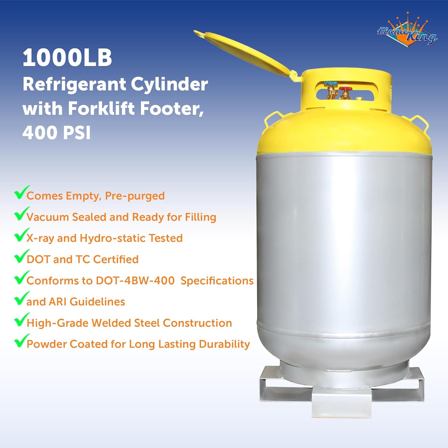 Flame King 1000LB Refrigerant Recovery Cylinder Tank with Forklift Footer, 400 PSI, DOT Compliant