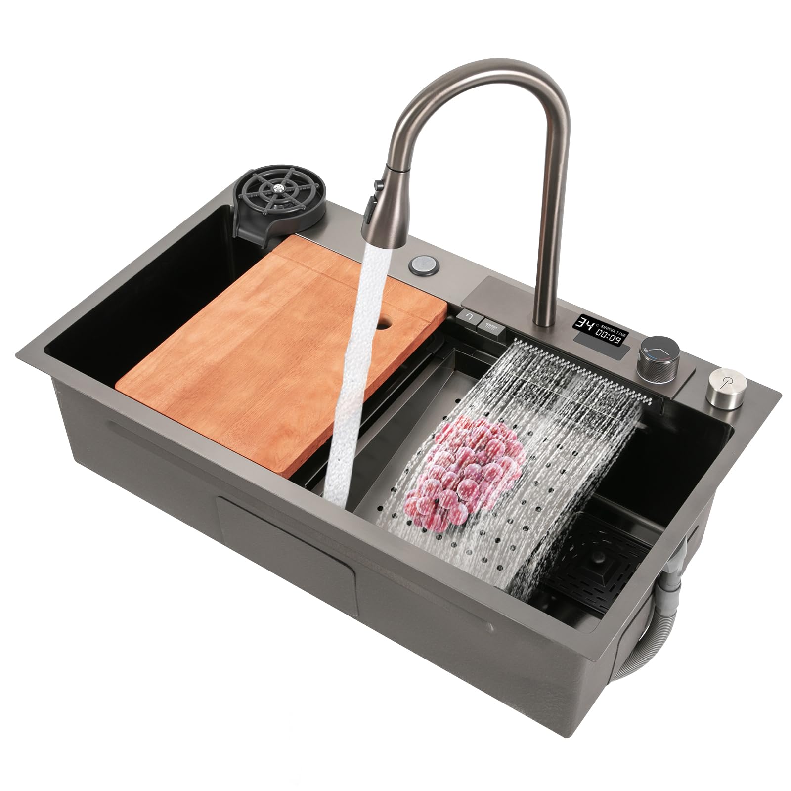 Zestaw umywalek ze stali nierdzewnej premium z cyfrowym wyciąganym kranem – 80 x 46 x 20 cm, zlewozmywak kuchenny, pasuje do czyszczenia naczyń, owoców, warzyw i zwierząt domowych