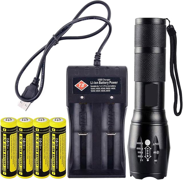 VISVIC Bright Flashlight, 2 Slot Universal Battery Charger, with 4 Rechargeable 18650 Top Button 3.7v Lithium Batteries, 18650, 26650, 18500, 16650 Rechargeable Batteries (AA AAA Battery Charger)