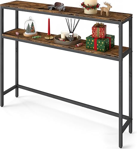 VASAGLE Mesa consola, mesa de sofá estrecha de 2 niveles con 2 estantes, 7.9 x 39.4 x 31.5 pulgadas, para sala de estar, pasillo, entrada, marrón