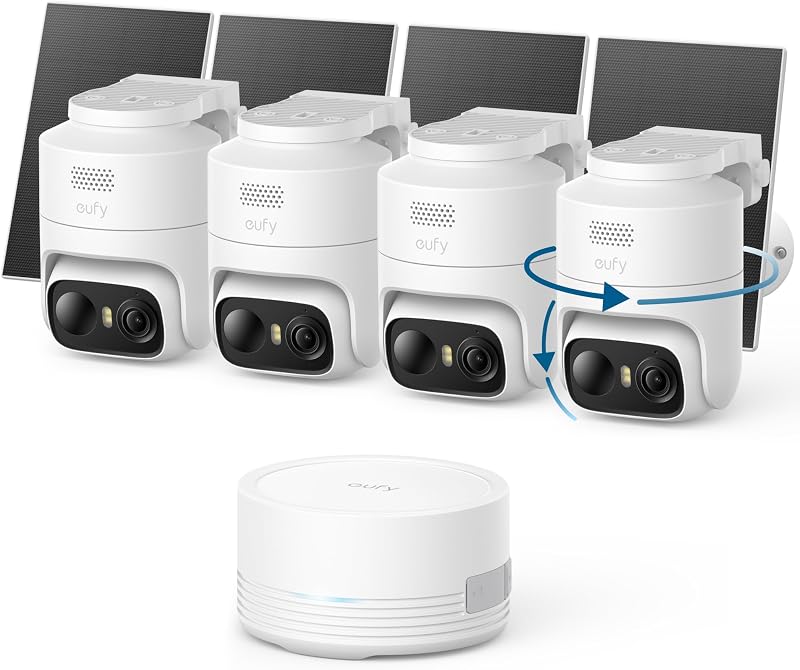 eufyCam C37 4-Cam Kit, 360° Pan&Tilt Auto Tracking | Wireless Outdoor Camera, 2K Solar Powered, Human/Vehicle/Pet/Face AI Detection, No Subscription, Built-in 64GB Local Storage