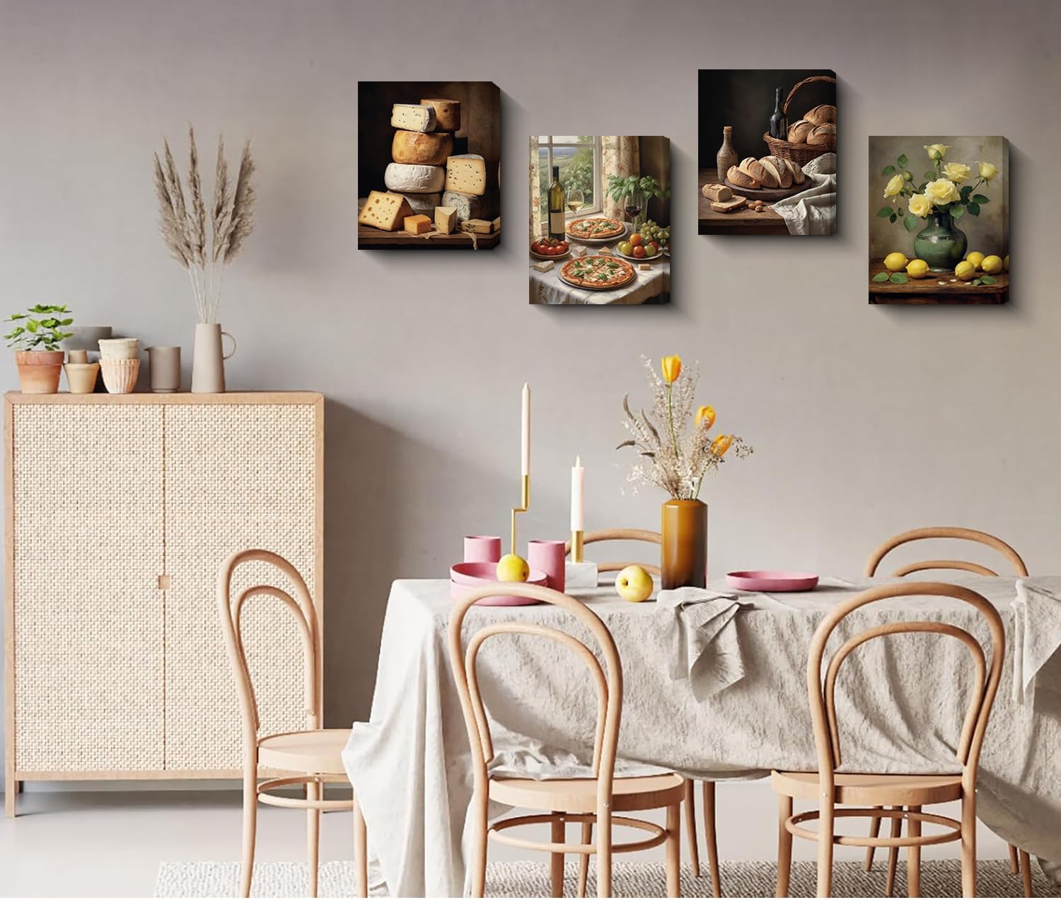 Framed Vintage Kitchen Food Still Life Wall Art, 4 Piece 8x10 Inch Yellow Roses Bread Cheese Pizza Red Wine Theme Canvas Prints for Home Dining Room Decor