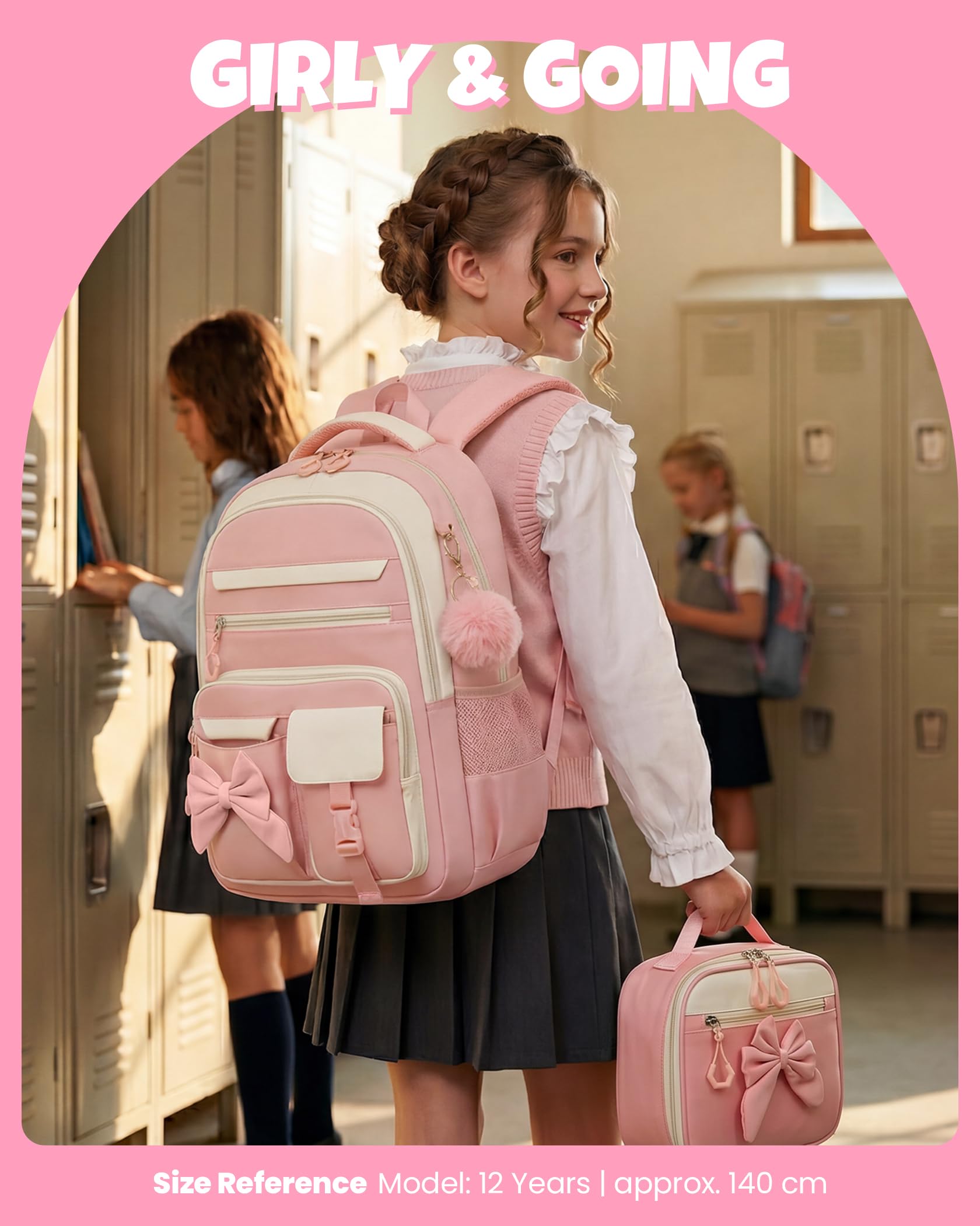Amythe Zaino Scuola Elementare Bambina 3 Pezzi, Set Zaini Bambina Set 6-11 anni con Sacchetto per Pranzo e Astuccio per Matite, Zainetto Ragazza per Scuola, Rosa