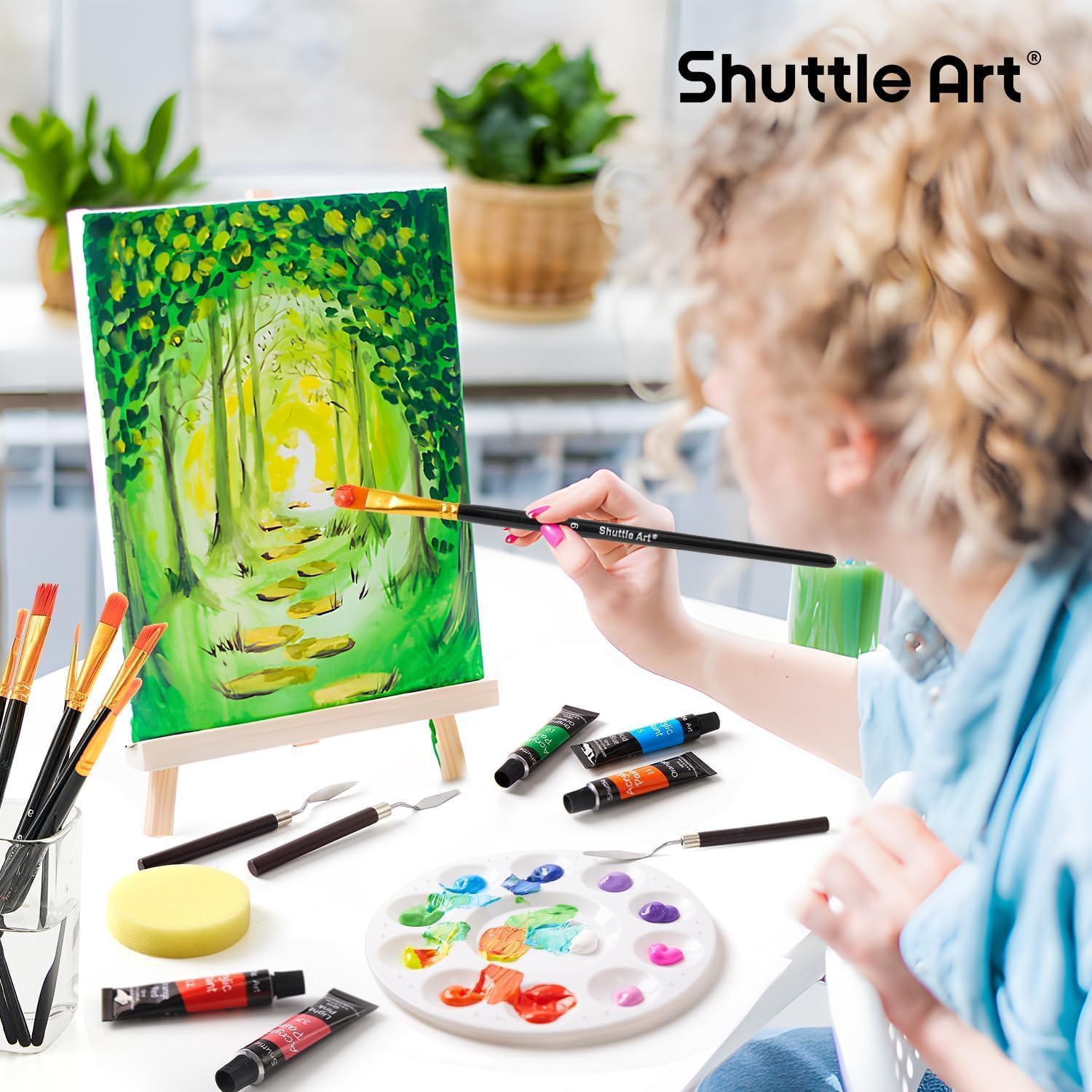 Shuttle Art 54 Pièces Kit Peinture Acrylique avec 30 Tubes Peinture Acrylique (12ml), Chevalet Peinture, Pinceaux, Toile, Kit Peinture Adultes sur Verre, Bois, Tissu