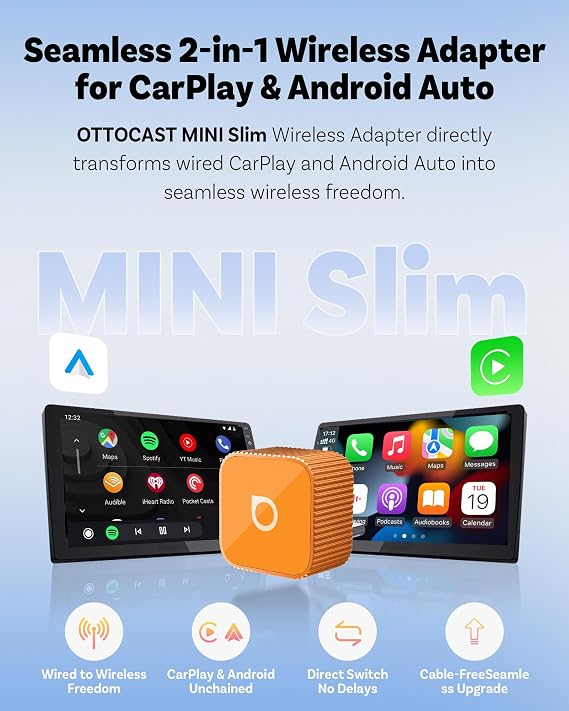 OTTOCAST 2026 Mini Slim USB C 2-in-1 Wireless CarPlay Adapter, Plug & Play | Android Auto Adapter, 5s Auto-Connect, Mini Size,Remember Two Phones