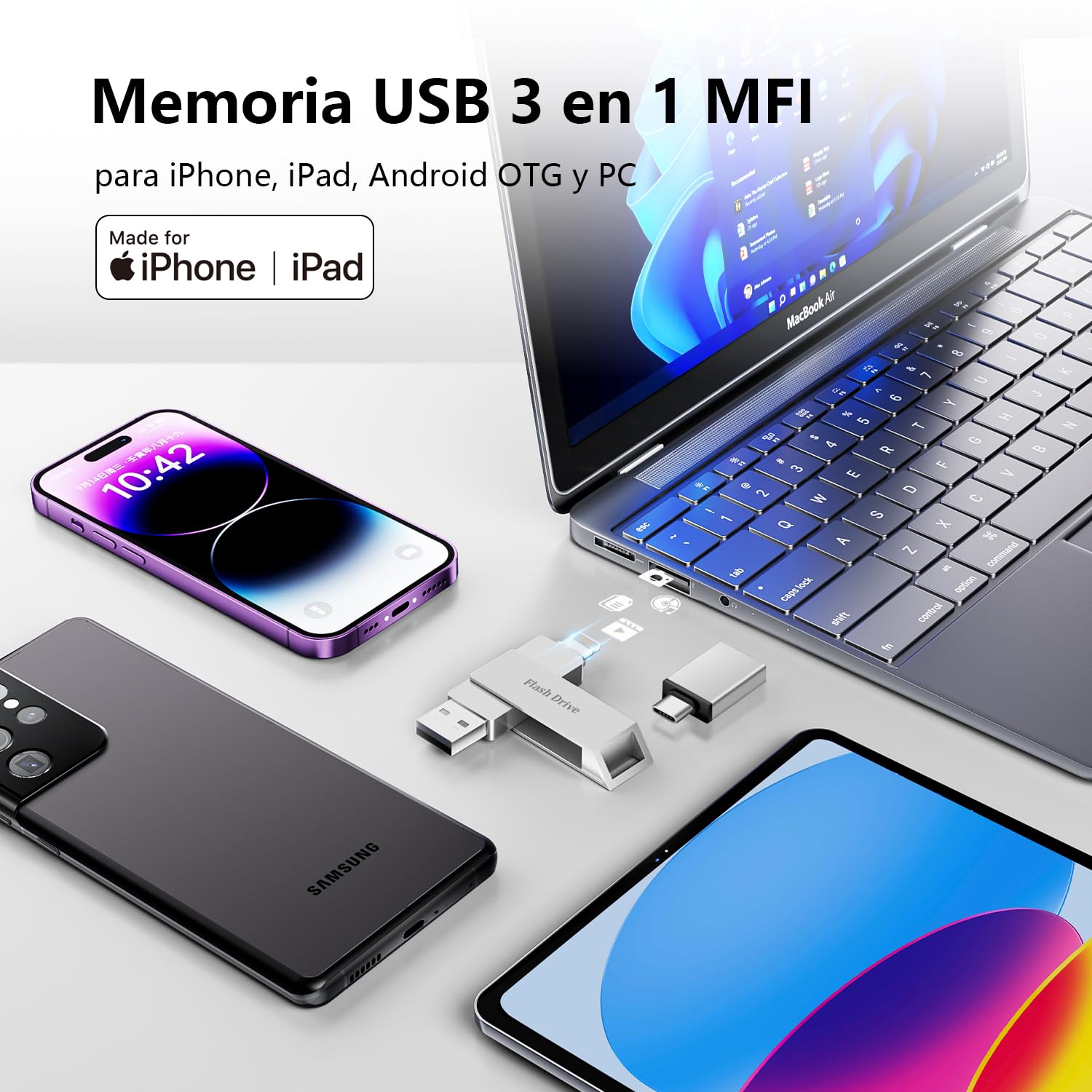 MFI Pendrive 256GB para iPhone,Memoria USB 3.0,Lightning,USB C | 3 en 1 Memoria Externa para iPhone,iPad,Movil Android OTG,Mac,PC,Flash Drive Transfiere Fotos,Vídeos y Datos,Capacidad Real