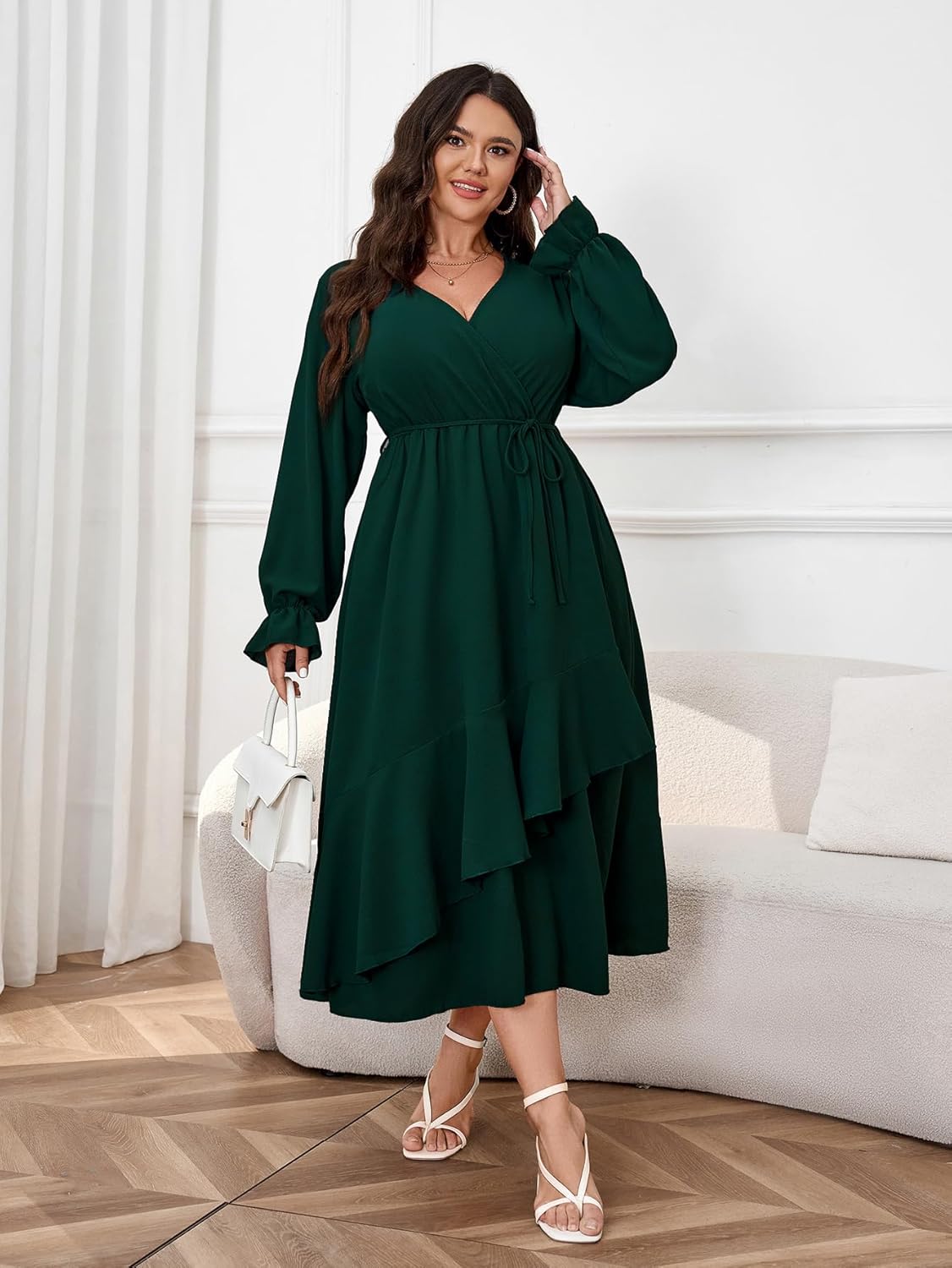Womens Plus Size Wedding Guest Cocktail Maxi Dress Faux Wrap V Neck Long Sleeve Ruffle Hem Split Long Dress - Image 4