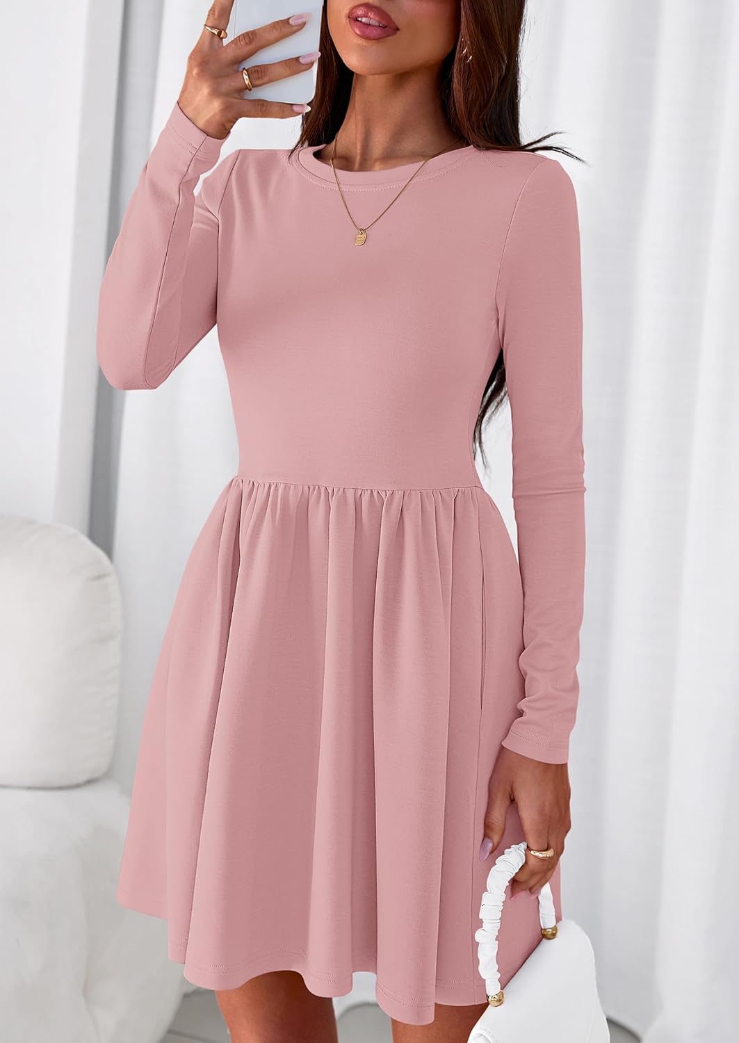 PRETTYGARDEN Women's Long Sleeve Mini Dresses 2026 Spring Casual Pleated A Line Party Cocktail Short Babydoll Dress Pocket - Image 4